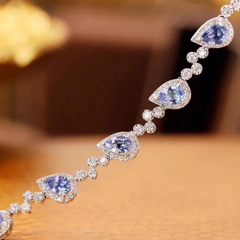 18K Solid White Gold Blue Sapphire & Diamond Bracelet for Women - Elegant Fairy Design, Perfect for High-Class Banquets & Special Occasions