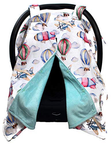 Dear Baby Gear Deluxe Baby Car Seat Canopy Cover - Watercolor Airplanes, Zeppelins & Hot Air Balloons Design - Soft Minky Fabric in Opal Blue - Perfect for Strollers, Shopping & Outdoor Adventures