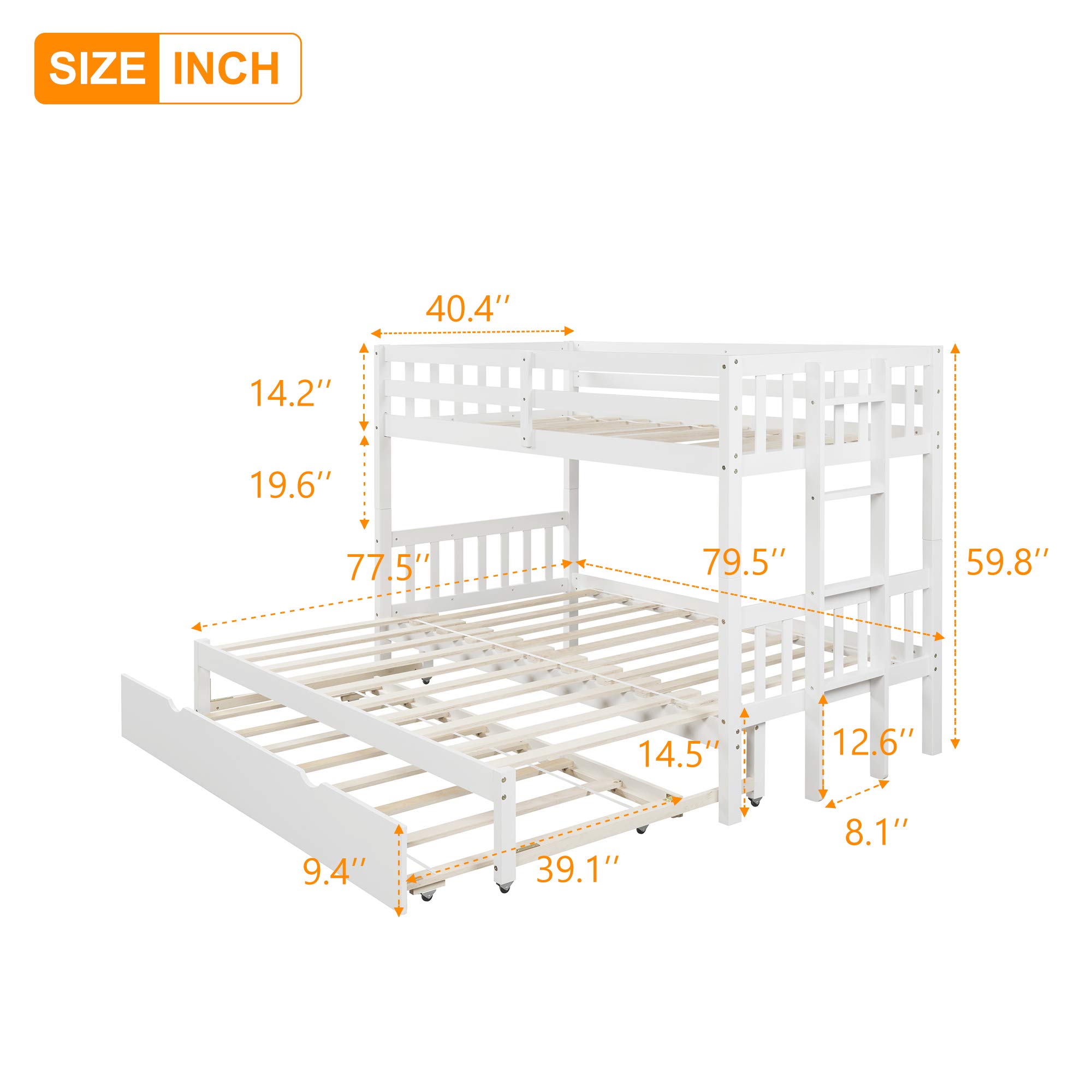 **White Twin Over Pull-Out Bunk Bed with Trundle - No Spring Box Needed, Space-Saving Floor Bunk Bed for Kids, Teens & Guest Rooms**    *(Perfect for small bedrooms, vacation homes, dormitories & shared kids' rooms – maximizes space with stylish functionality!)*
