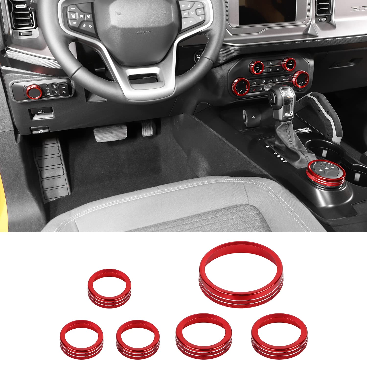 Aluminum Alloy Switch Knob Cover Set (6PCS Red) for Ford Bronco 2021-2022 - AC Headlight Radio & 4WD Center Console Accessories | Off-Road & Custom Car Interior Upgrade