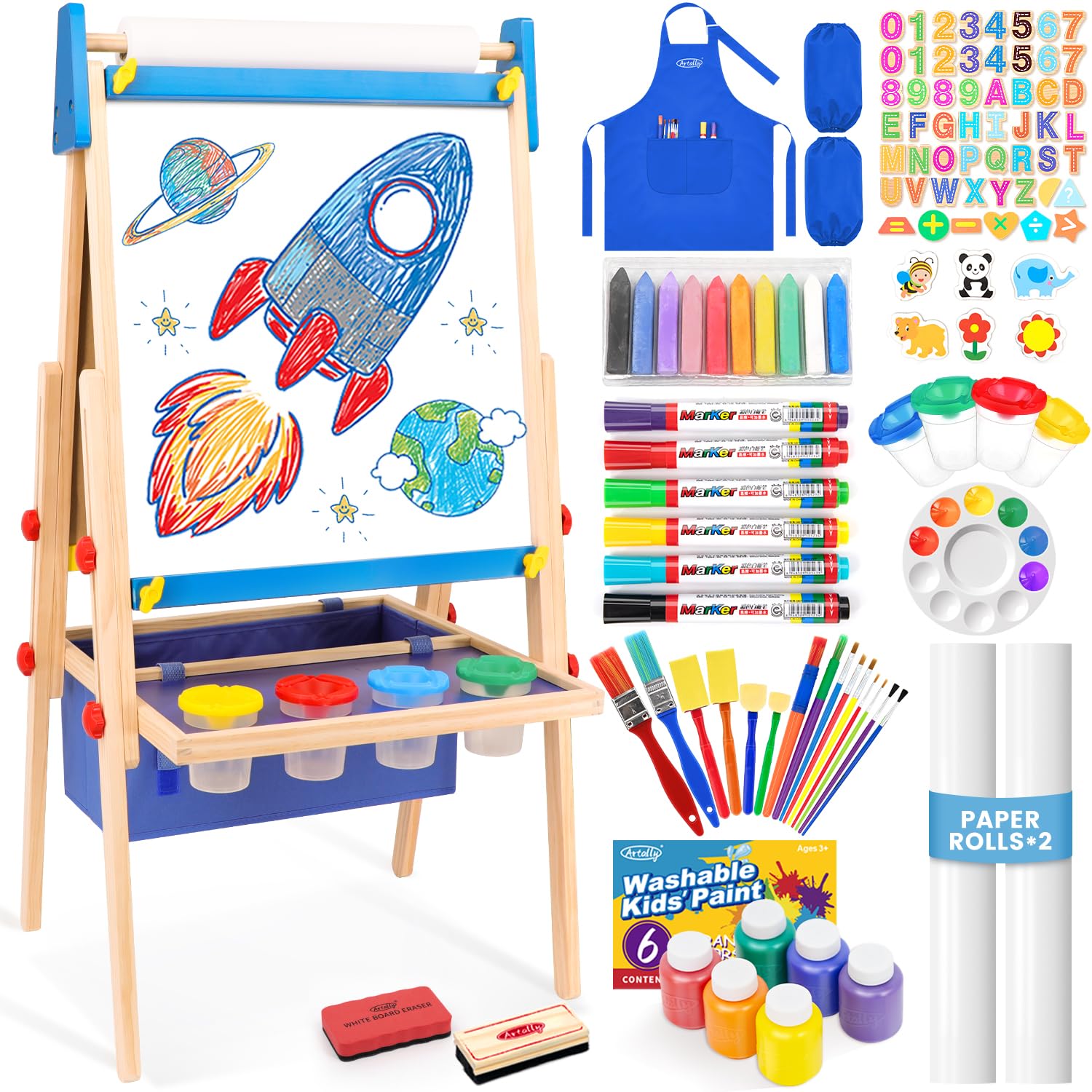 Adjustable Wooden Kids Art Easel with Magnetic Whiteboard & Chalkboard - Double-Sided Dry Erase Board for Toddlers Ages 3-12 | Portable Drawing Easel with Storage Bag | Perfect for Home, Classroom & Preschool Learning Activities (Blue)
