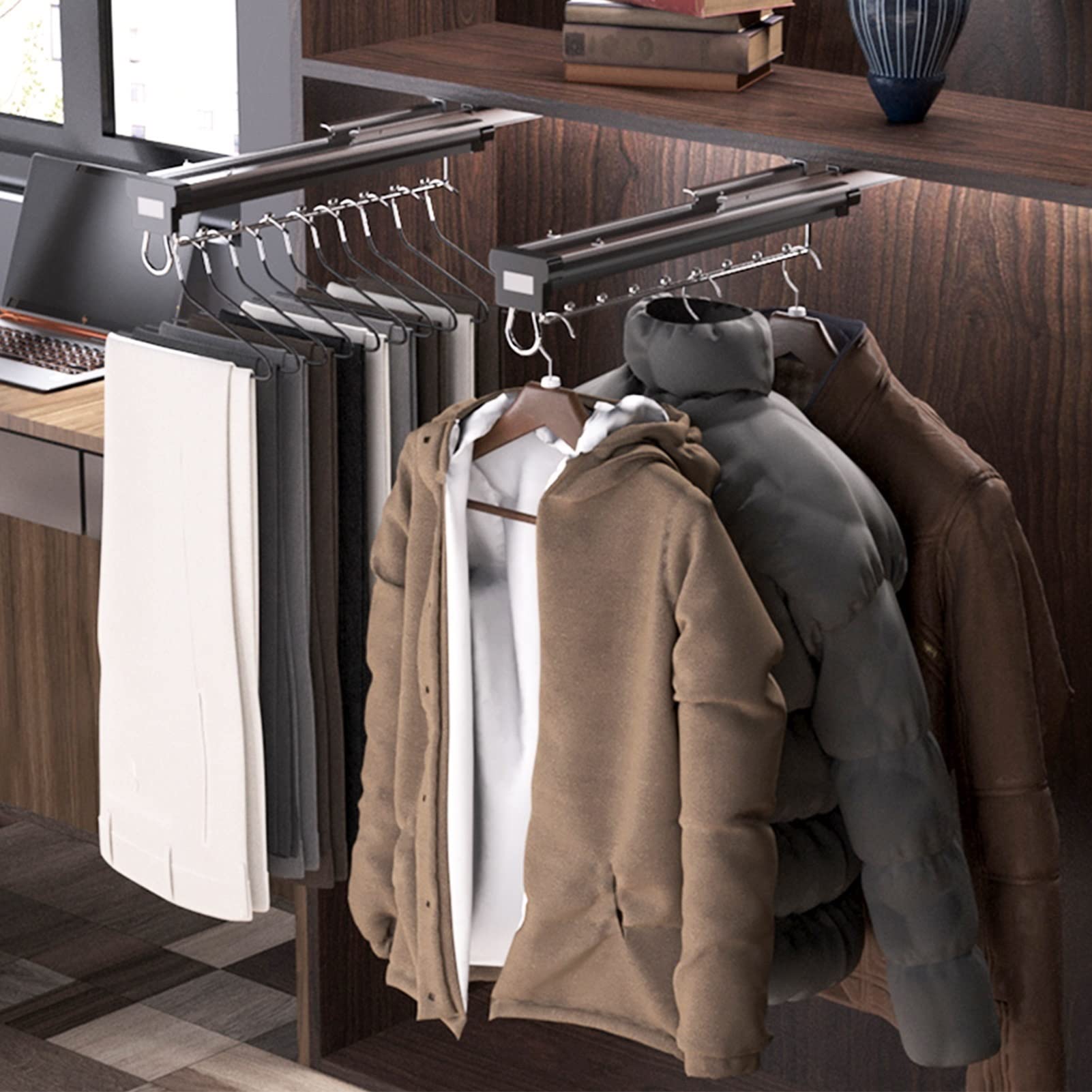 Extendable Metal Pull-Out Closet Valet Rod - Top Mount Clothing Rail Hanger Rack Bar for Wardrobe Organization | Space-Saving Closet Storage Solution for Hanging Clothes, Jackets & Accessories | Perfect for Bedroom, Walk-In Closets & Small Spaces