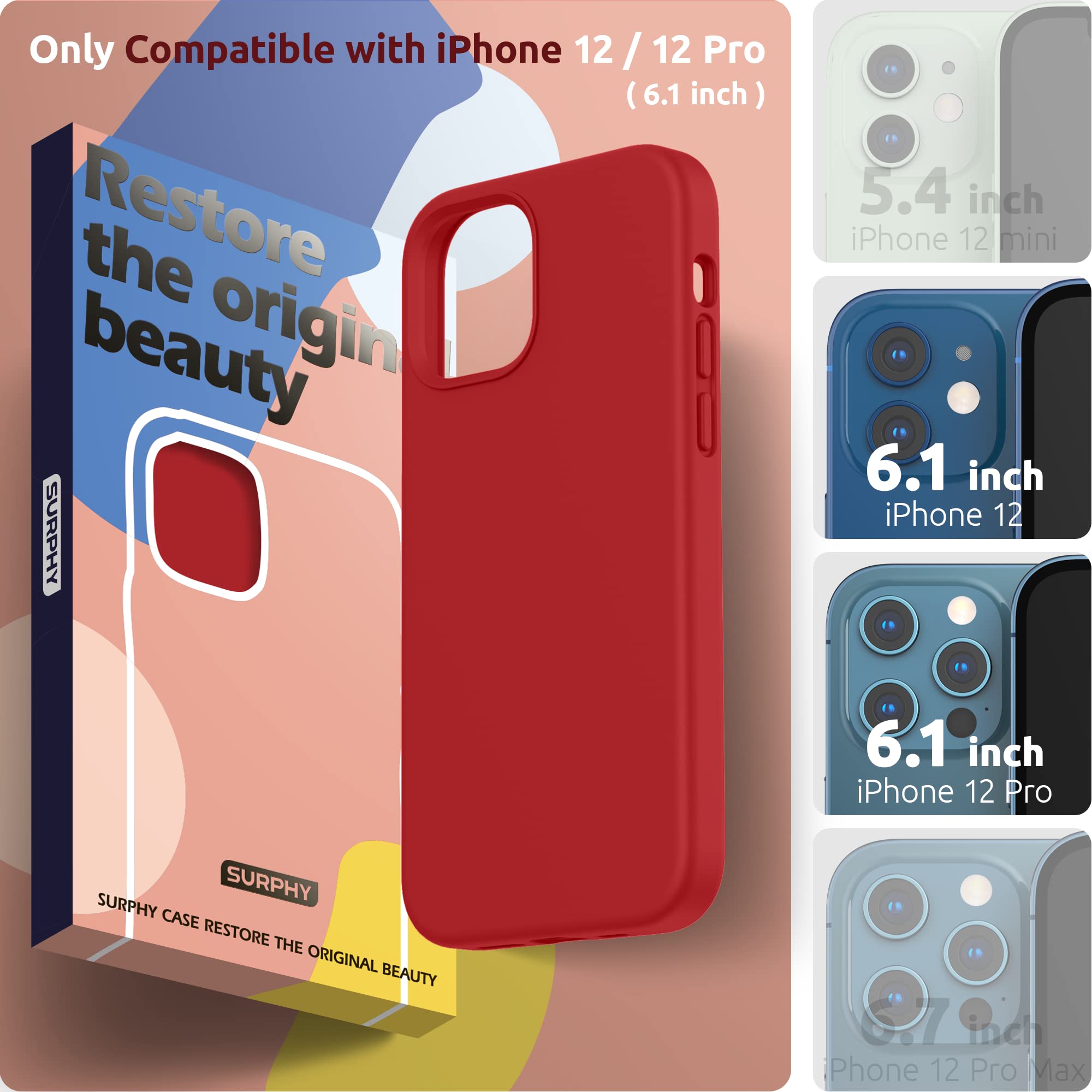 SURPHY Premium Liquid Silicone Case for iPhone 12 & iPhone 12 Pro (6.1 inch) - Shockproof Protective Cover with Soft Microfiber Lining - Perfect for Everyday Use, Travel & Outdoor Activities - Red