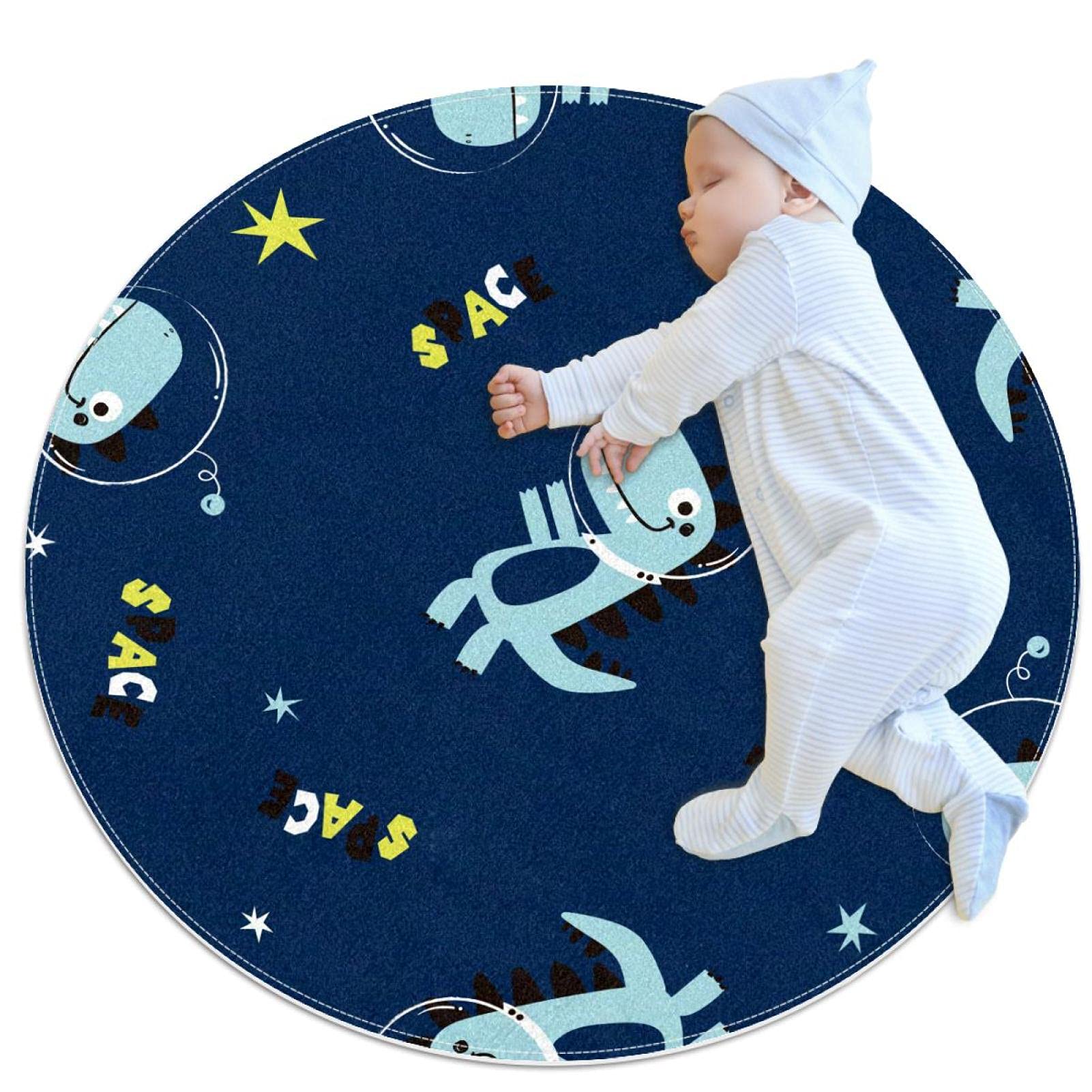 Non-Slip Round Rug Pad - Cute Space Dinosaur Design for Bedroom, Bathroom, Kitchen & Kids Room | Blue Cartoon Floor Mat for Study Chair & Area Rug (3 Feet) - Perfect for Girls & Boys Decor