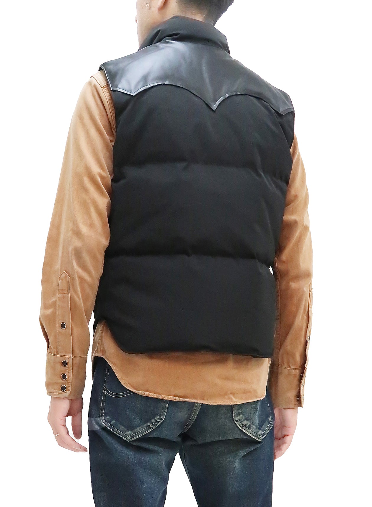 Men's Sugar Cane Down Vest with Leather Yoke Panel - Winter Warm Puffer Vest SC15222 - Black/Black for Outdoor Activities & Casual Wear