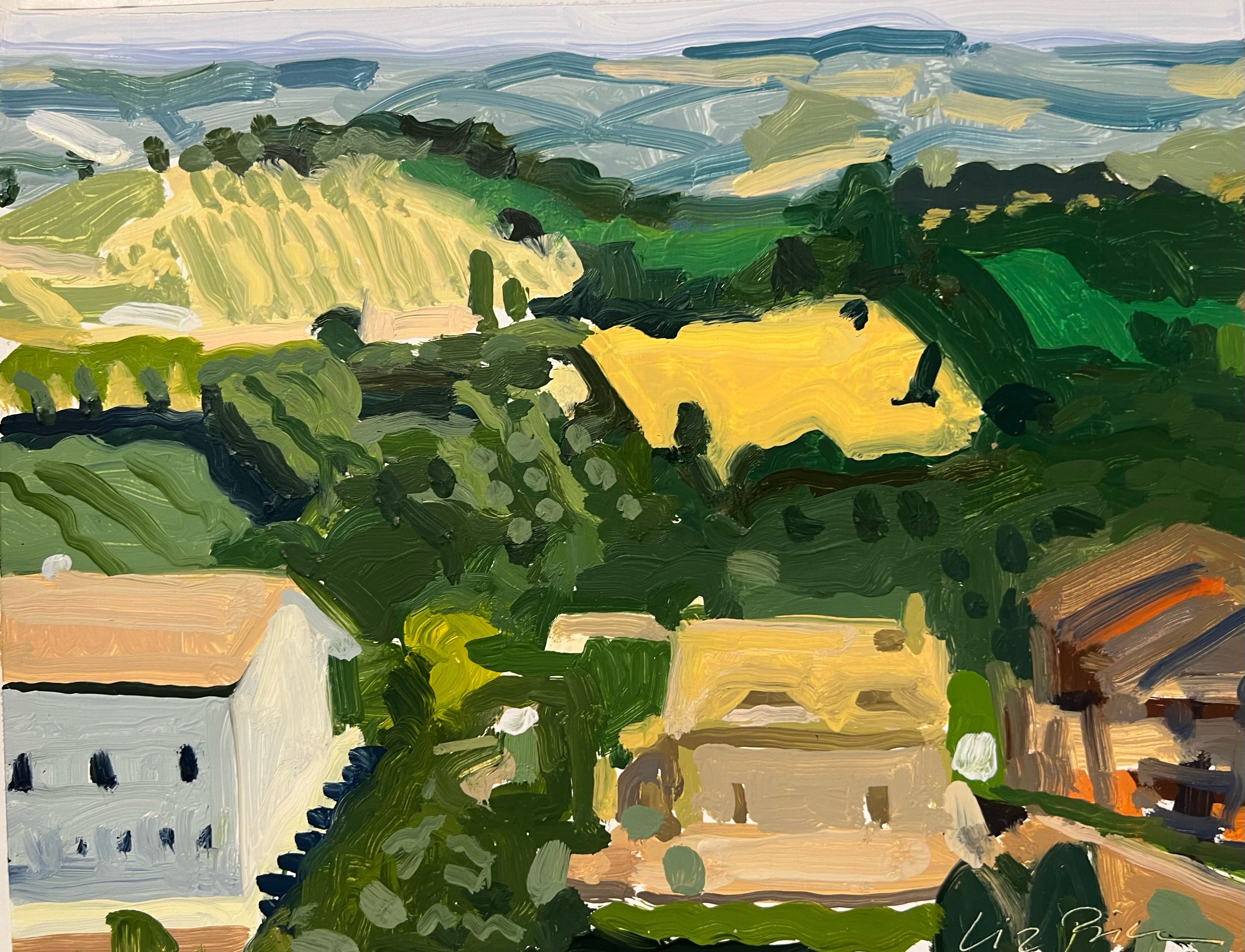 Liz Price: First View - Italian Hillside with White Building Art Print | Scenic Landscape Wall Decor for Living Room, Office & Bedroom