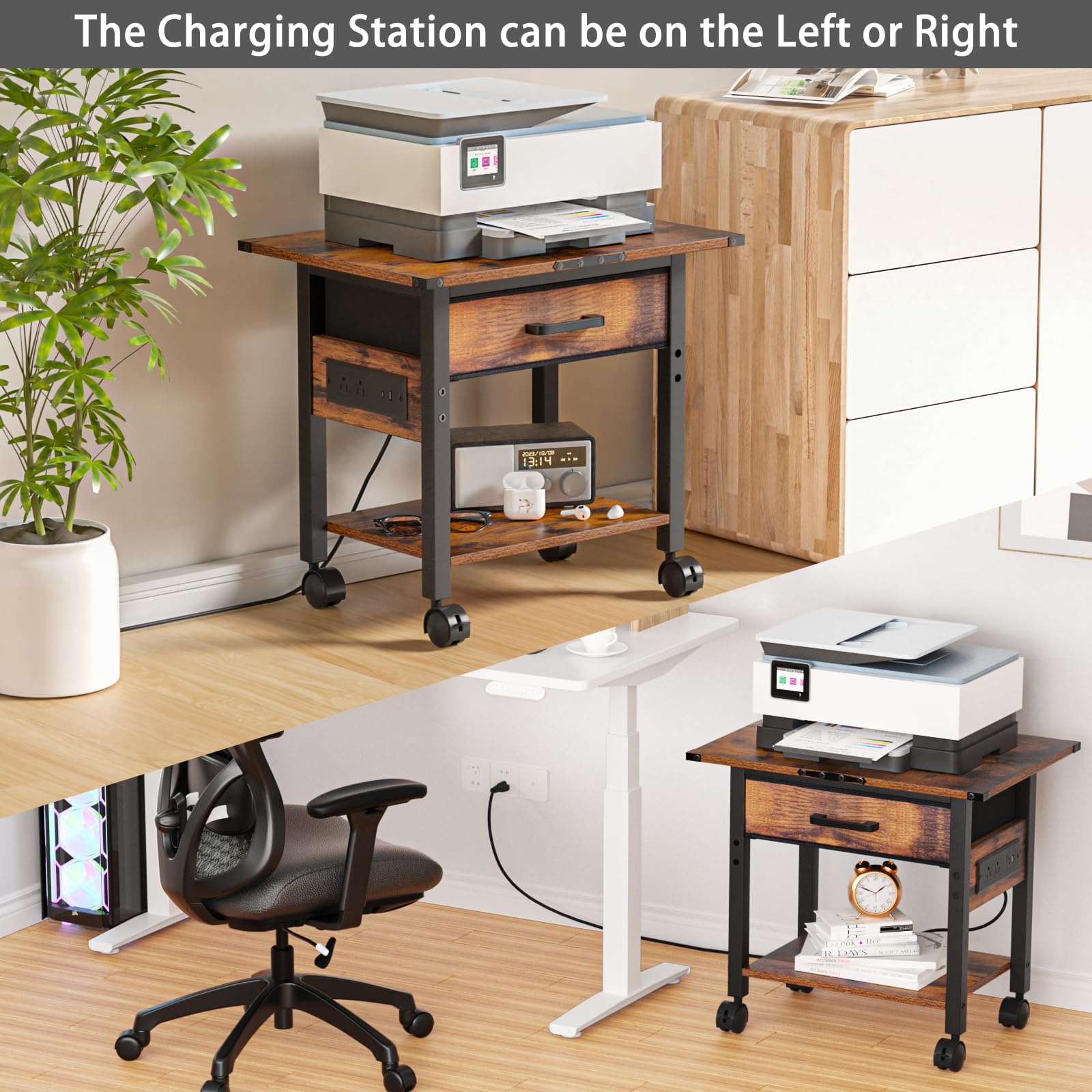 Lerliuo 2-Tier Under Desk Rolling Printer Stand with Charging Station & USB Ports, Lockable Wheels Printer Cart with Fabric Drawer - Compact Printer Table for Home Office Workspace (Brown) | Perfect for Organizing Printers, Scanners & Office Supplies Under Your Desk