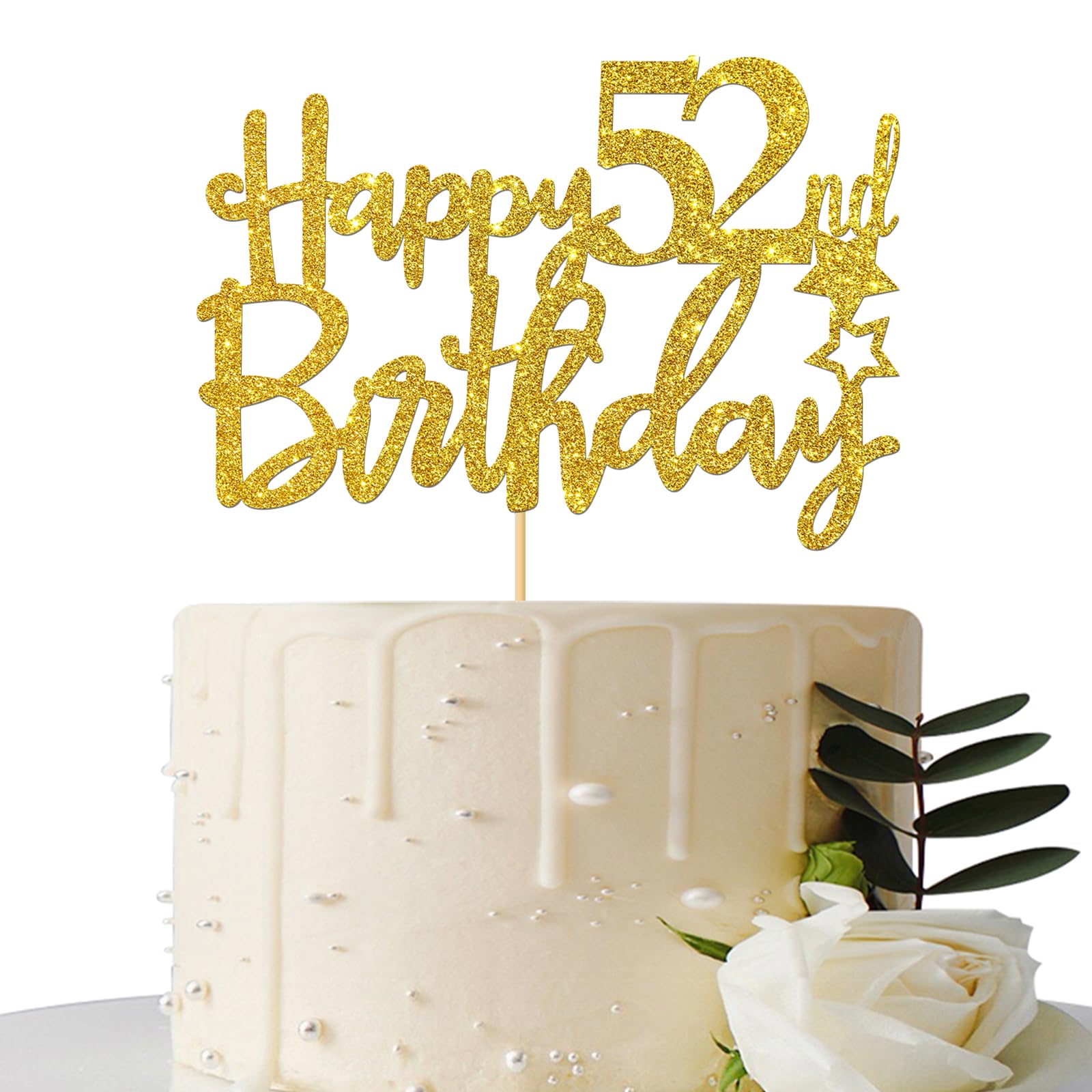 Gold Glitter Happy 52nd Birthday Cake Topper - Elegant 52 Sign for Anniversary Cakes - Cheers to 52 Years Party Decorations - Perfect for Milestone Birthday Celebrations, Retirement Parties & Golden Anniversary Events