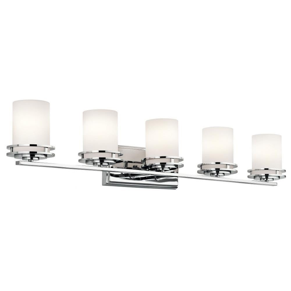 Kichler Hendrik 43-Inch 5-Light Bathroom Vanity Light Fixture - Satin Etched Cased Opal Glass with Chrome Finish - Perfect for Modern Bathroom, Powder Room, and Dressing Room Lighting