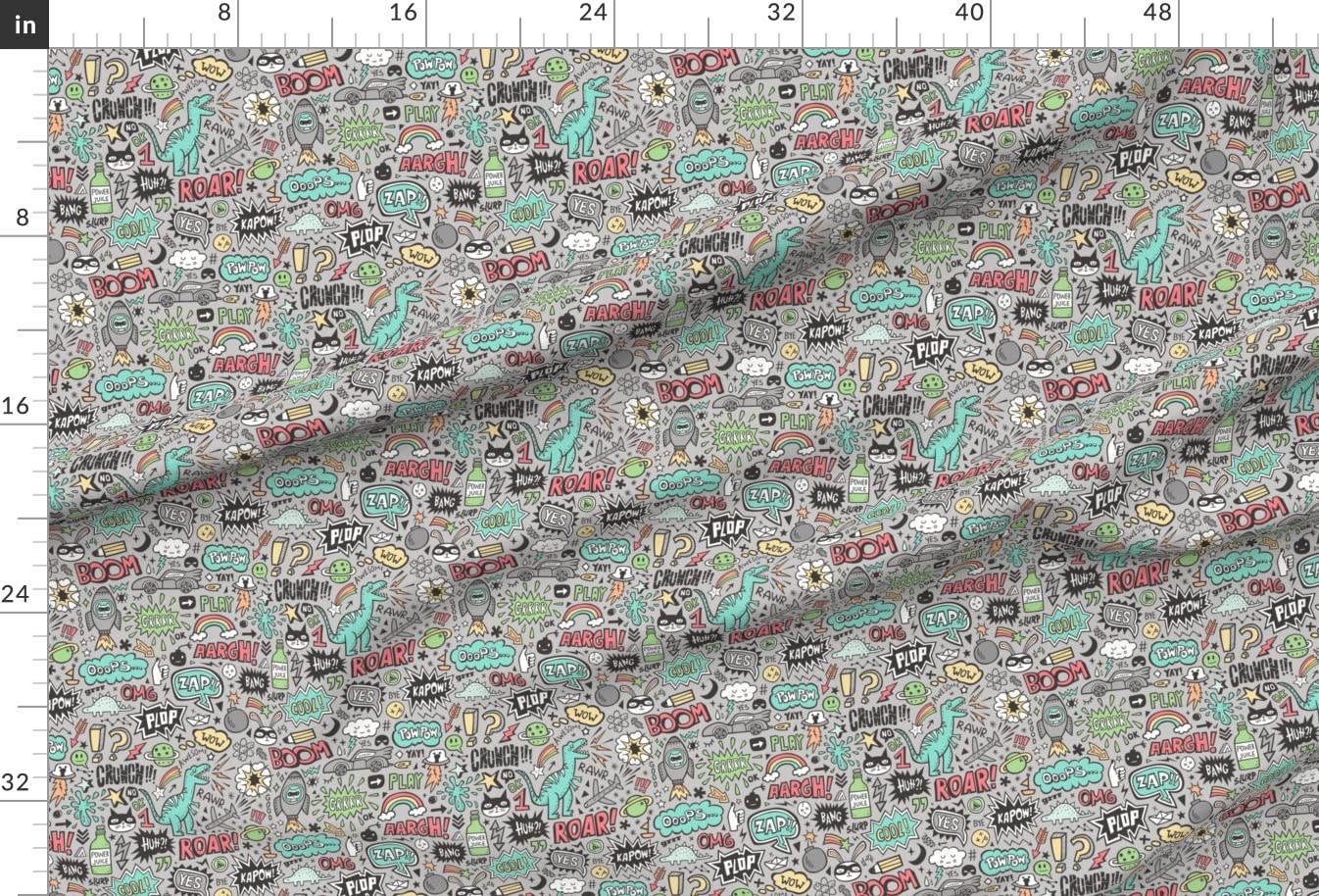 Dinosaurs Space Galaxy Comic Speech Bubbles Printed Velvet Upholstery Fabric by The Yard - Light Grey Autumn Doodle Design for Home Decor, Apparel & DIY Projects | Perfect for Curtains, Pillows, Sofa Covers & Crafting