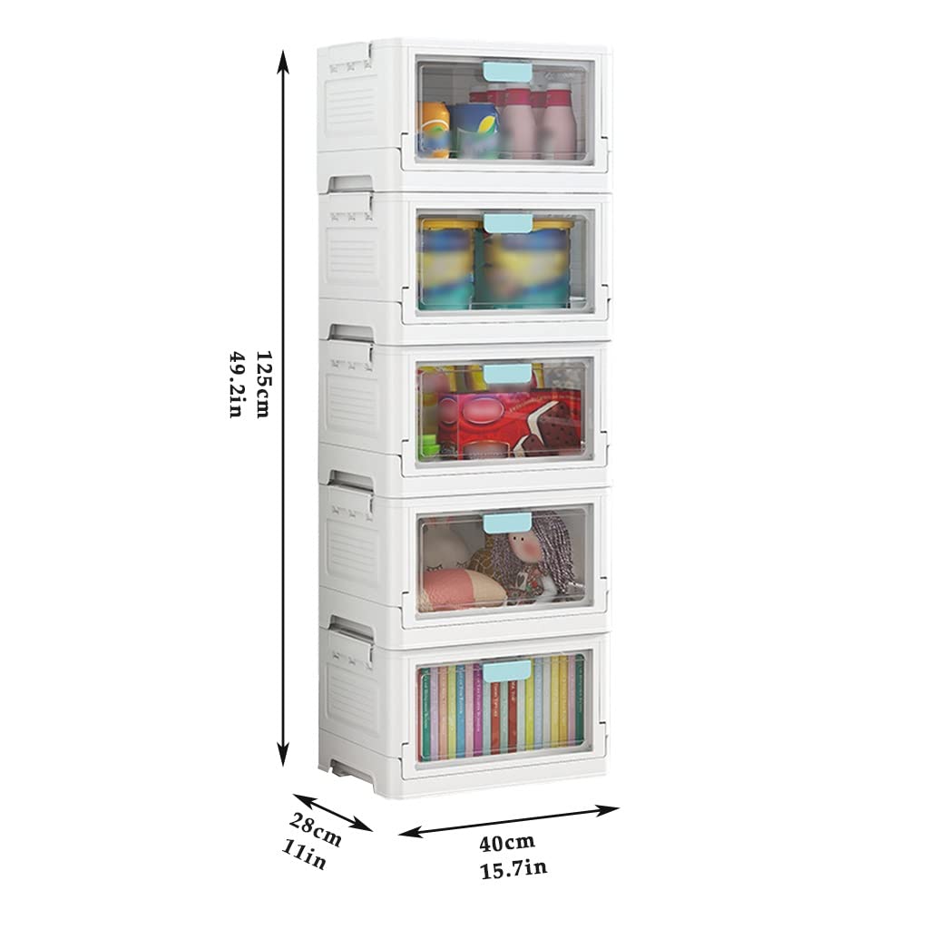 5-Tier Plastic Storage Cart with Wheels & Foldable Front Opening Bins - Stackable Organizer with Lids for Home, Office, Kitchen & Bathroom Organization - Perfect for Pantry, Closet, Toy & Craft Storage