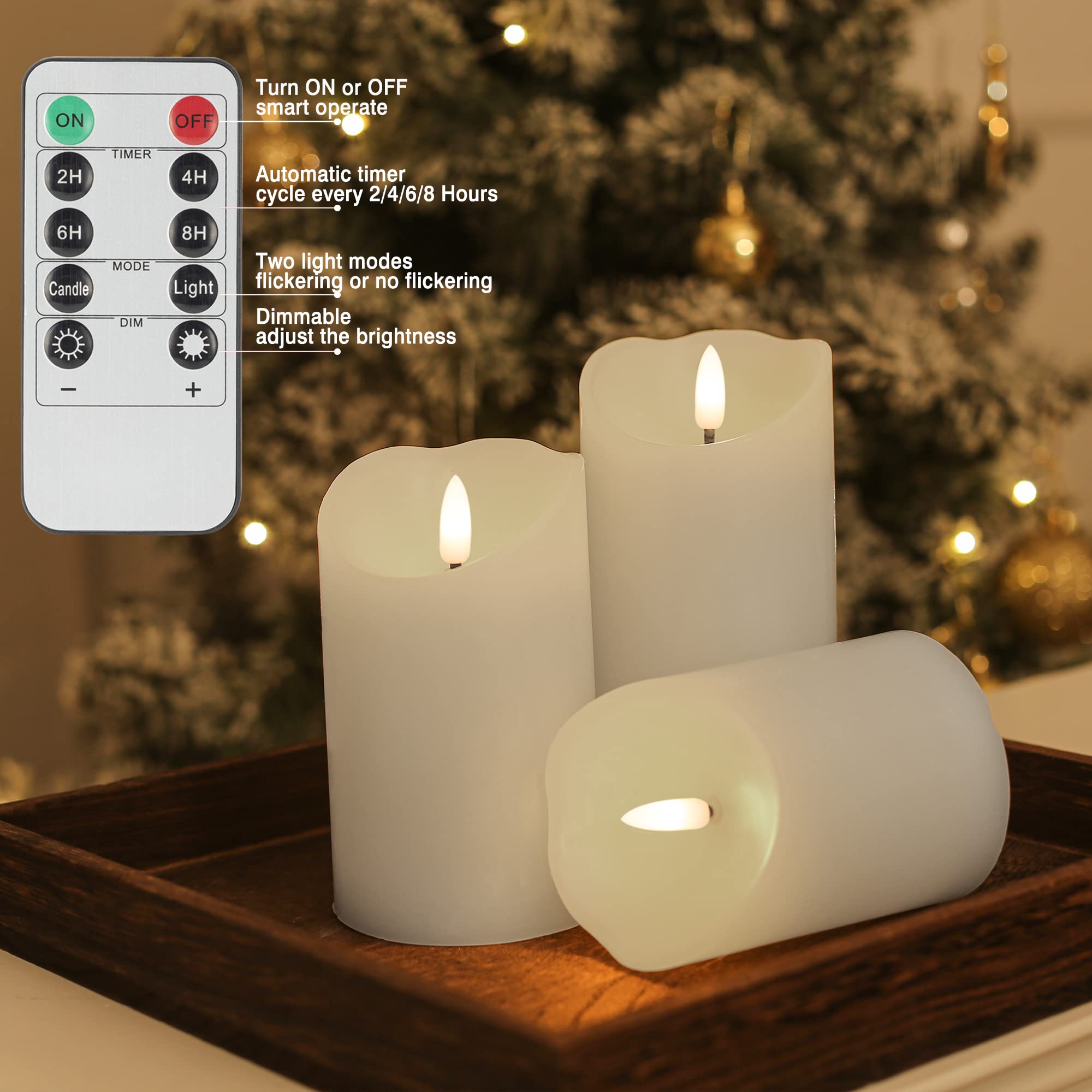 Flameless LED Candles with Remote Control - Set of 3 Battery Operated Wax Candles with Timer & Flickering Flame Effect (White) - Perfect for Home Decor, Christmas Party, Wedding Centerpiece & Romantic Dinner Ambiance