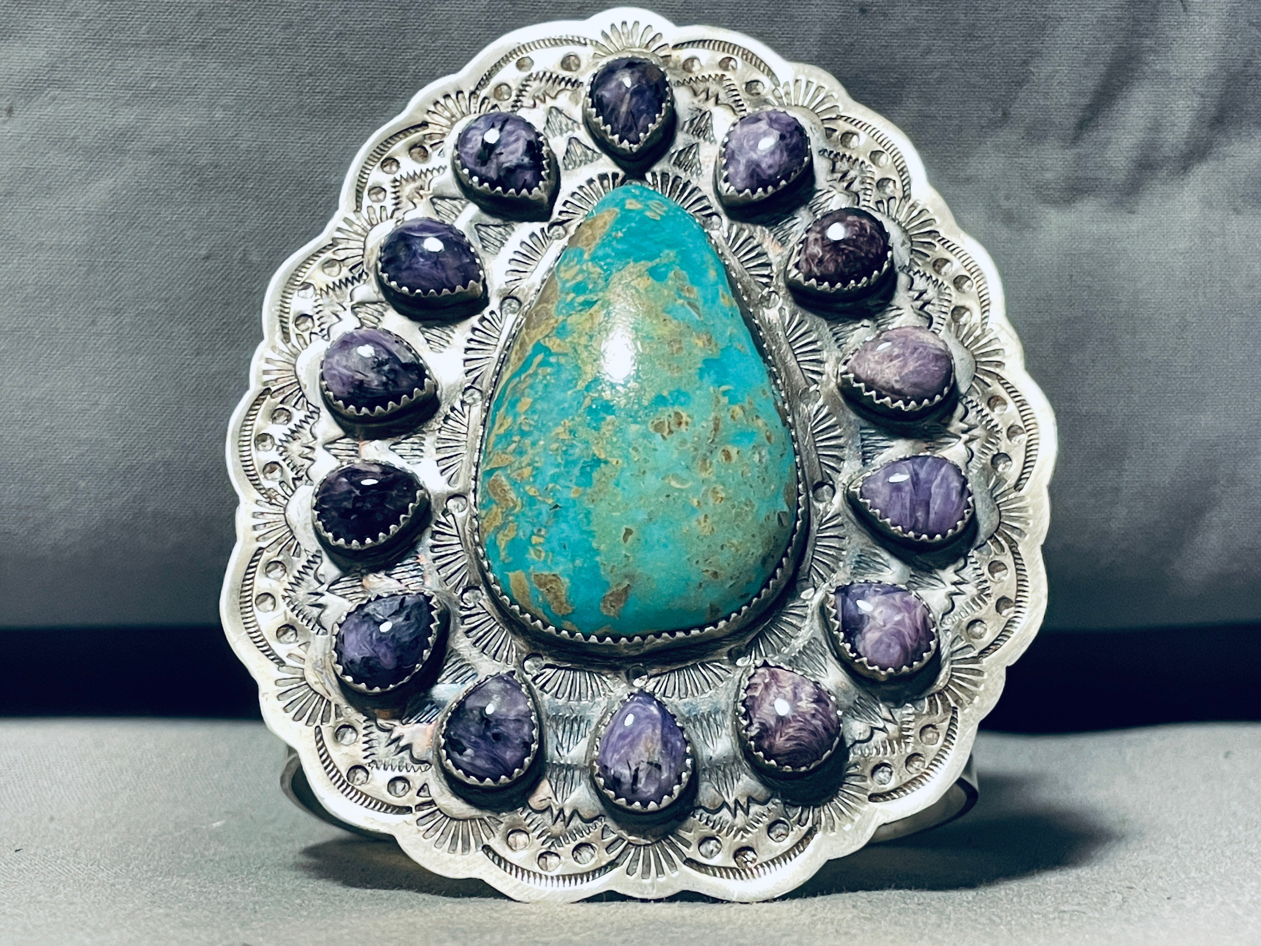 Authentic Navajo Turquoise & Charoite Sterling Silver Bracelet - 164g Handmade Native American Jewelry for Women, Boho Chic Accessory, Perfect for Festivals & Special Occasions