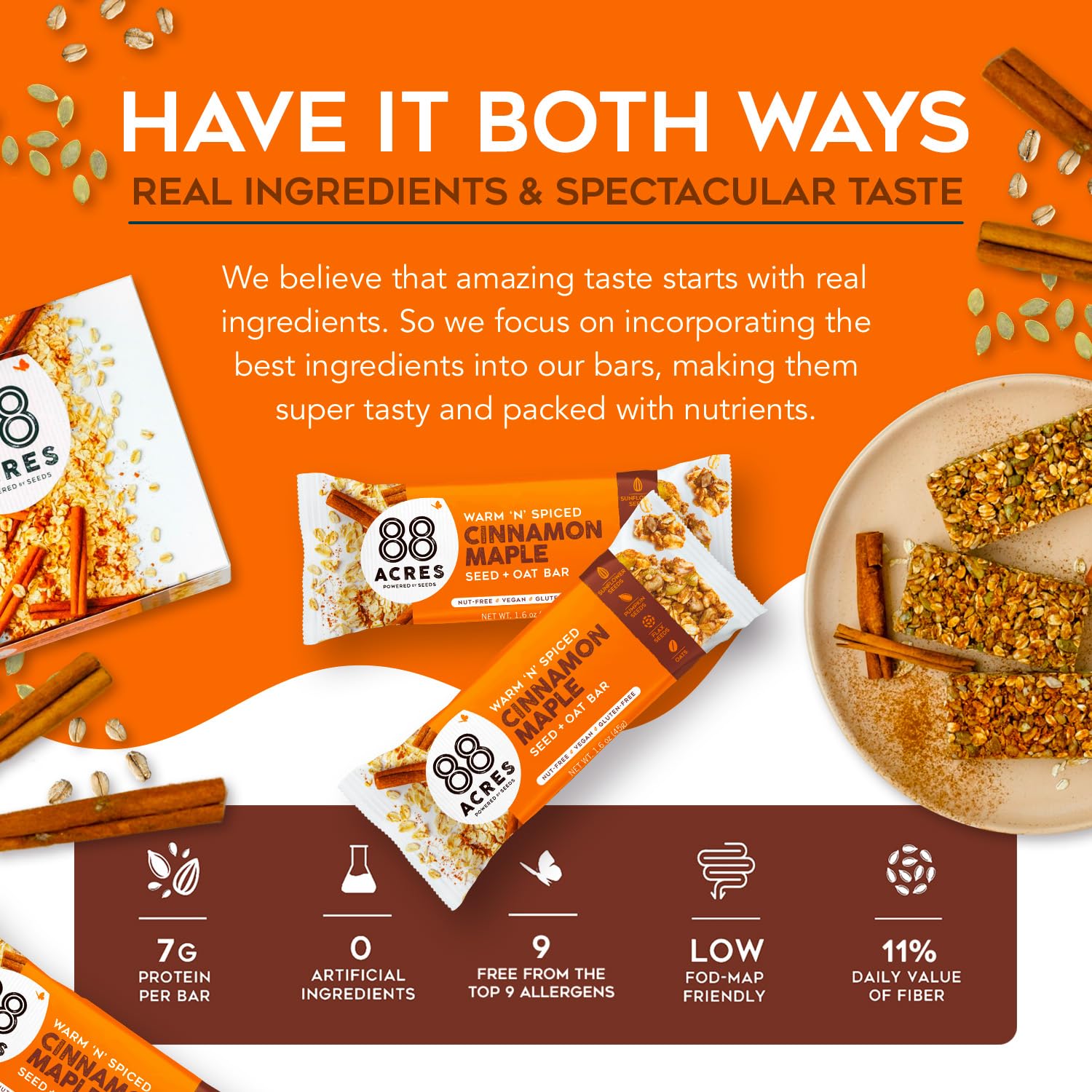 88 Acres Gluten Free Granola Bars - Nut-Free Oat & Seed Snack Bars, Vegan & Non-GMO, 6 Pack (Cinnamon Maple Flavor) | Healthy Breakfast & On-the-Go Snack for Kids & Adults