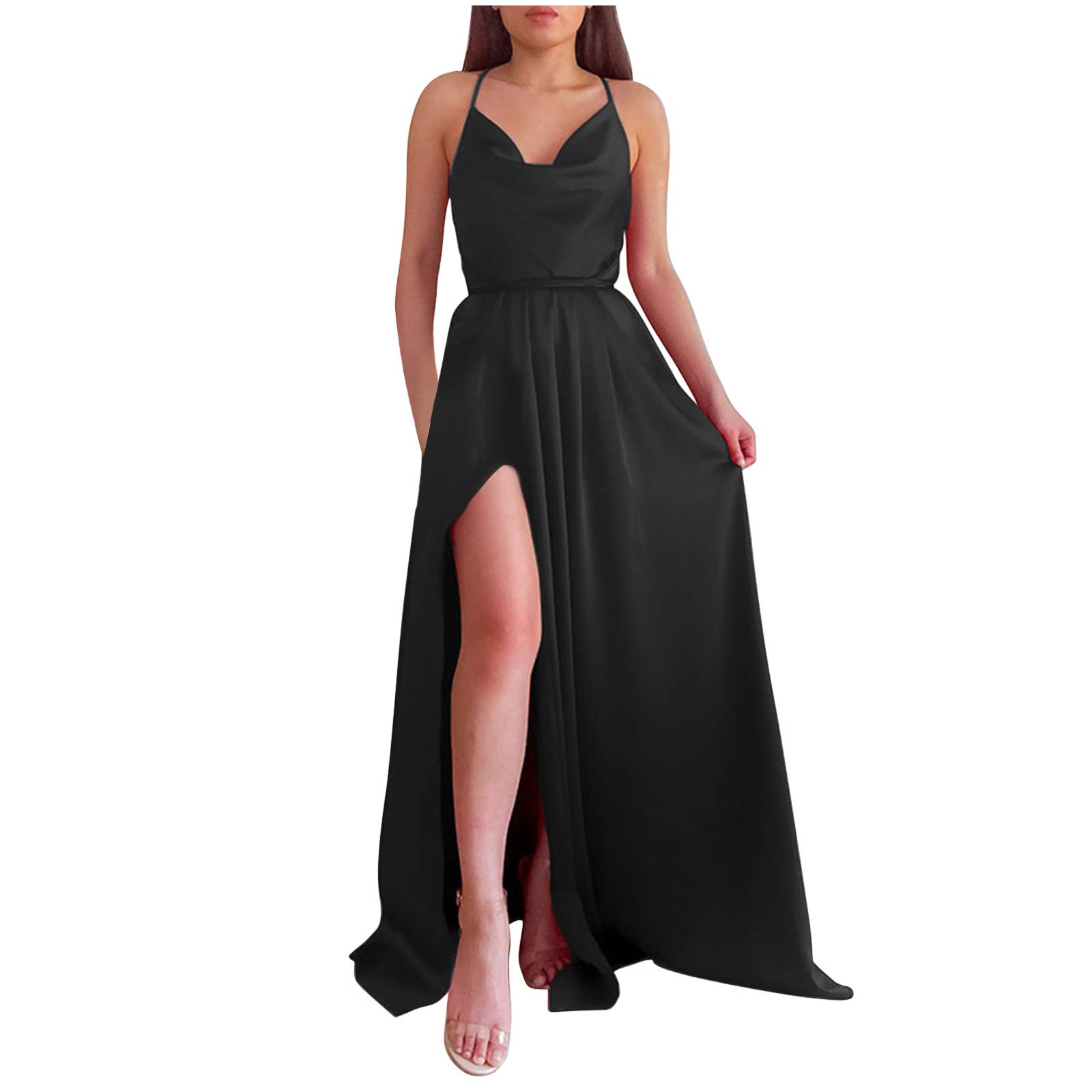 Elegant Long Wedding Guest Dress for Women - Spaghetti Strap Slit Pleated Bridesmaid Gown for Prom, Evening Party & Special Occasions | Formal Event, Cocktail Party, Summer Wedding Attire