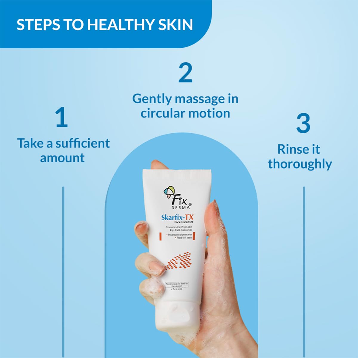 FIXDERMA Skarfix-TX Face Cleanser with Tranexamic Acid, Kojic Acid & Niacinamide - Brightening & Pigmentation Control Face Wash for All Skin Types (Men & Women) - 75g | Perfect for Daily Skincare Routine & Dark Spot Reduction
