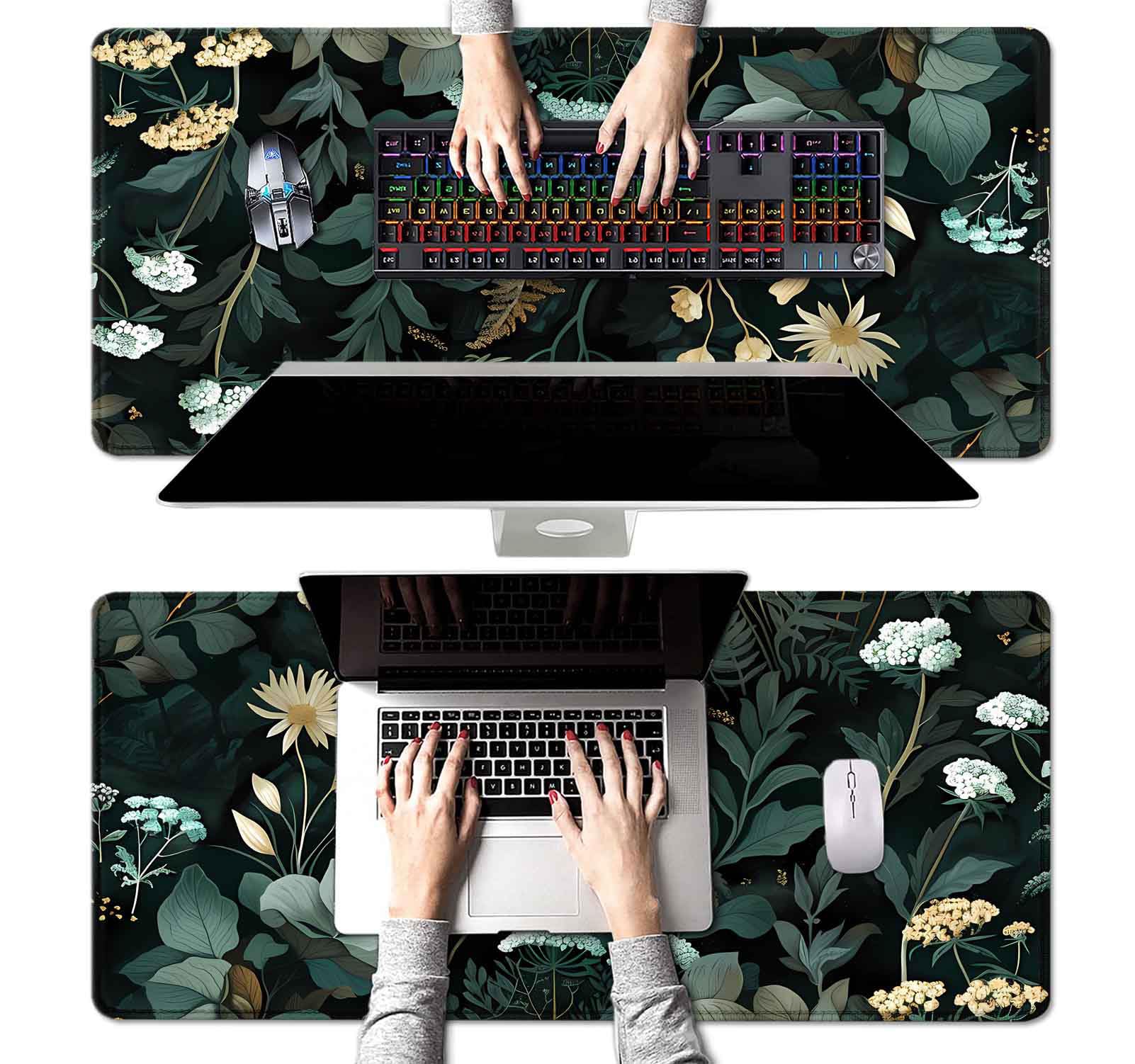 Green Floral XXL Desk Mat - Aesthetic Black Mouse Pad with Plant Design, Large Office Desk Accessory for Work & Gaming - Perfect Gift for Home & Workspace