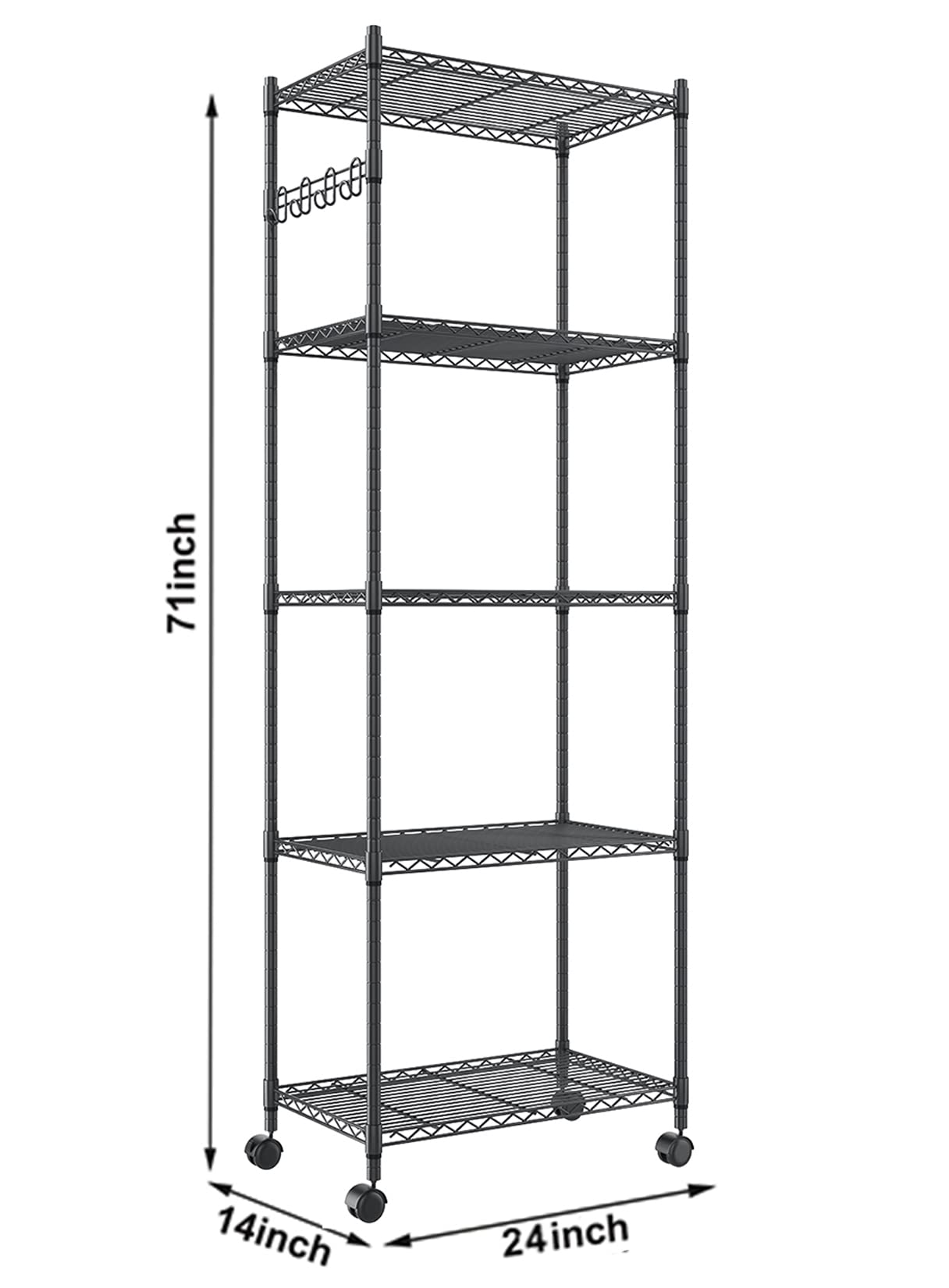 5-Tier Heavy Duty Metal Storage Shelves - Adjustable Wire Shelving Unit with Side Hooks for Garage, Pantry, Kitchen Organization - Black | Space-Saving Solution for Home & Office Storage Needs