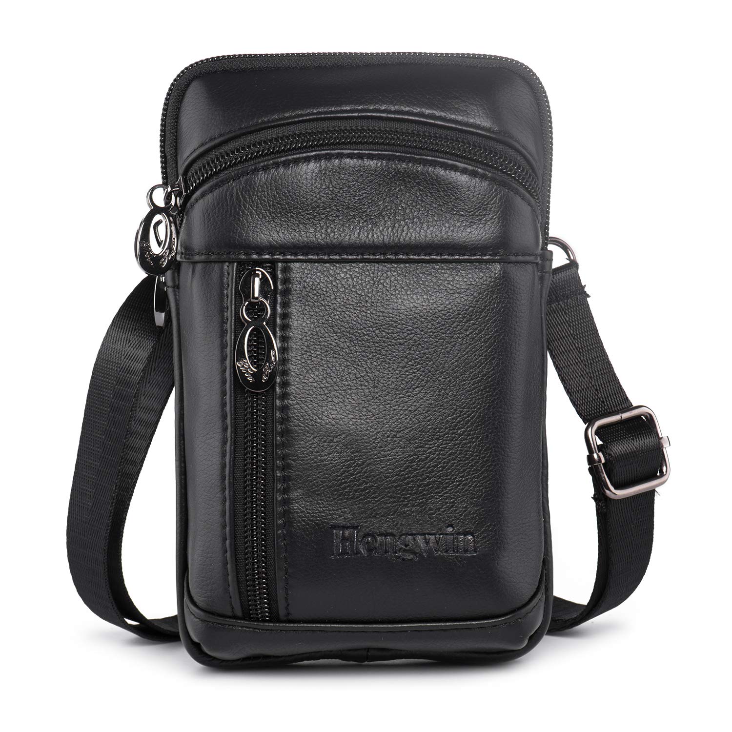 Hengwin Men's Leather Crossbody Shoulder Bag - Belt Clip Phone Holster Case with Waist Strap - Fits iPhone 16/15/14/13 Pro Max, Galaxy S24/S23 Ultra, Note 9/8 - Perfect for Hiking, Travel & Everyday Carry (Black)