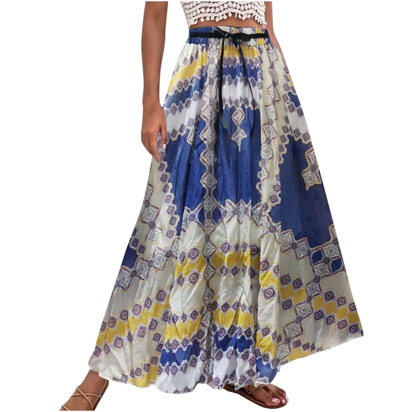 Bohemian Floral Print Maxi Skirt for Women - High Waist Elastic A-Line Vintage Pleated Long Skirt | Perfect for Summer Beach, Music Festivals & Boho Chic Outfits