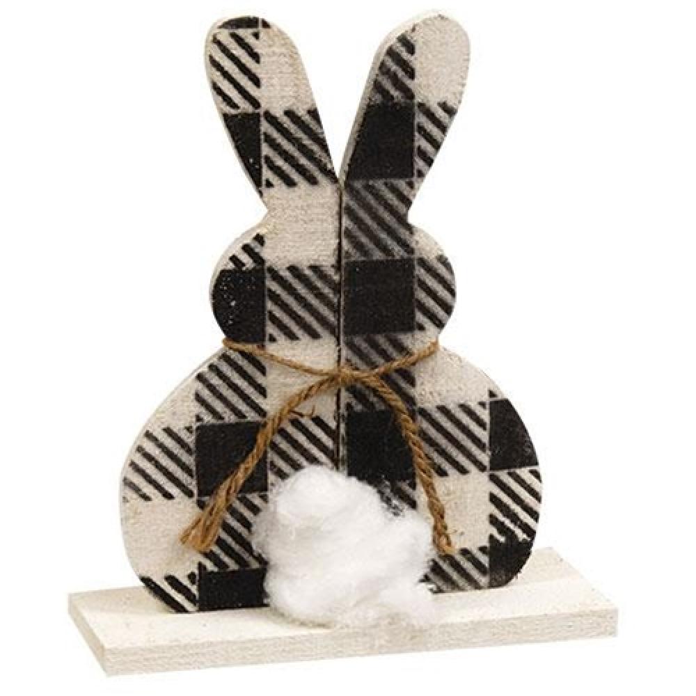 Rustic Wood Buffalo Check Cottontail Bunny Figurine on Base - Farmhouse Home Decor for Easter, Spring, and Holiday Table Centerpiece