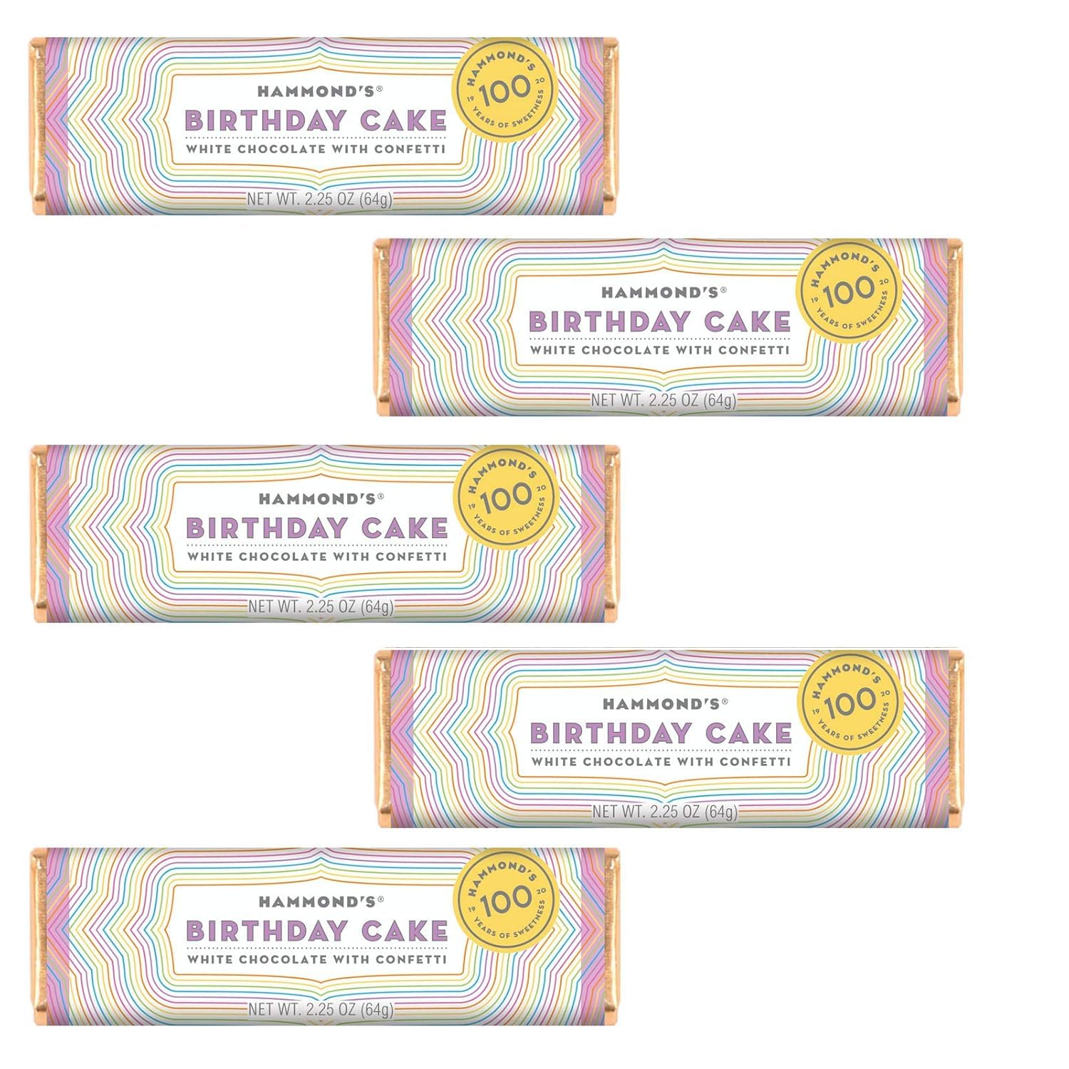 Hammond's Candies Gourmet Chocolate Candy Bars – Birthday Cake Flavor | Sweet White Chocolate with Sprinkles, Confetti Birthday Cake Candy Bar, Kosher Certified, Handmade in USA | Pack of 5 | Perfect for Birthday Parties, Gift Giving & Sweet Treats