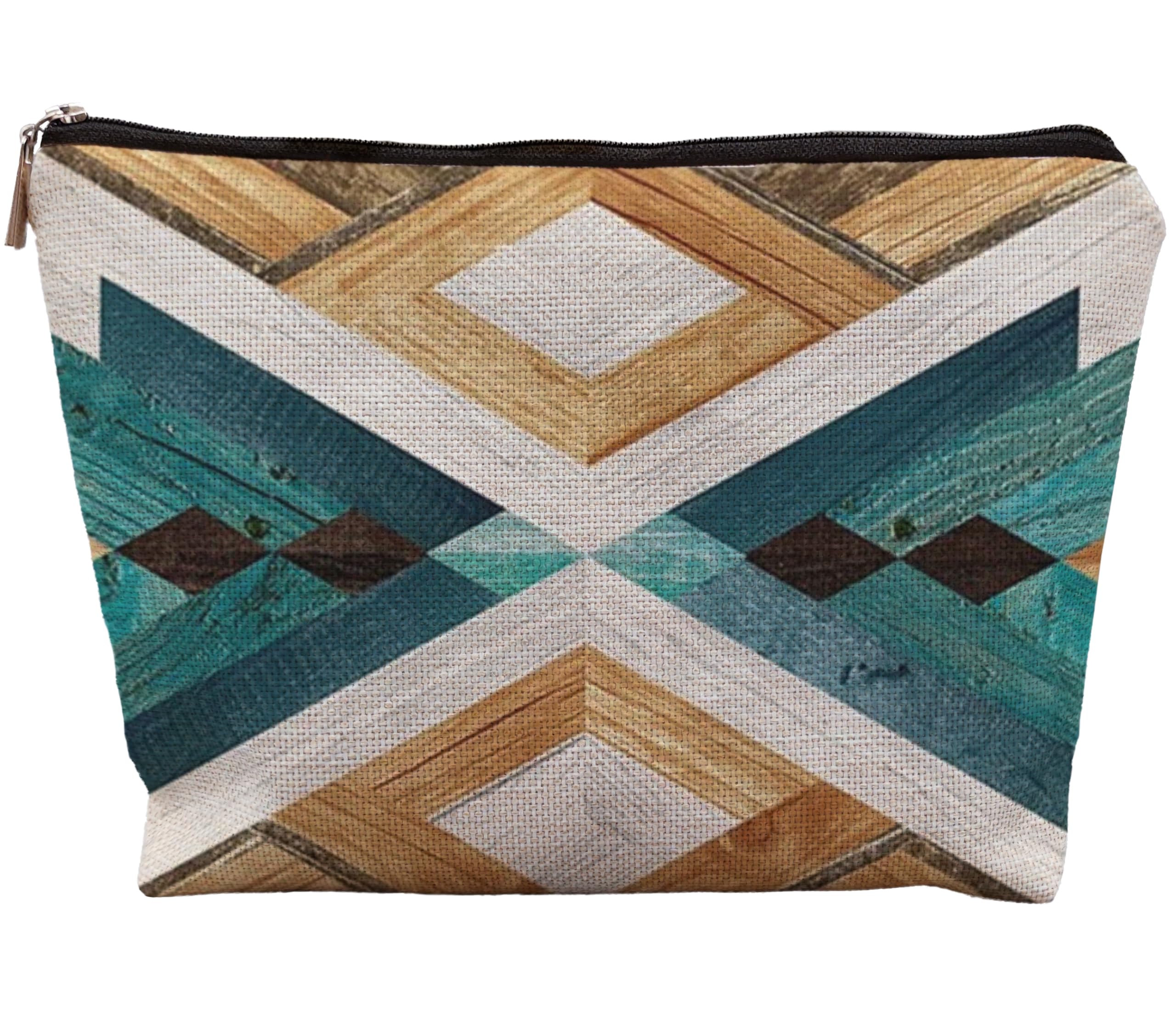 Aztec Makeup Bag for Women - Southwestern Navajo Cosmetic Pouch with Geometric Wood Art Design, Western Style Travel Organizer | Perfect for Purse, Gym & Vacation Accessories