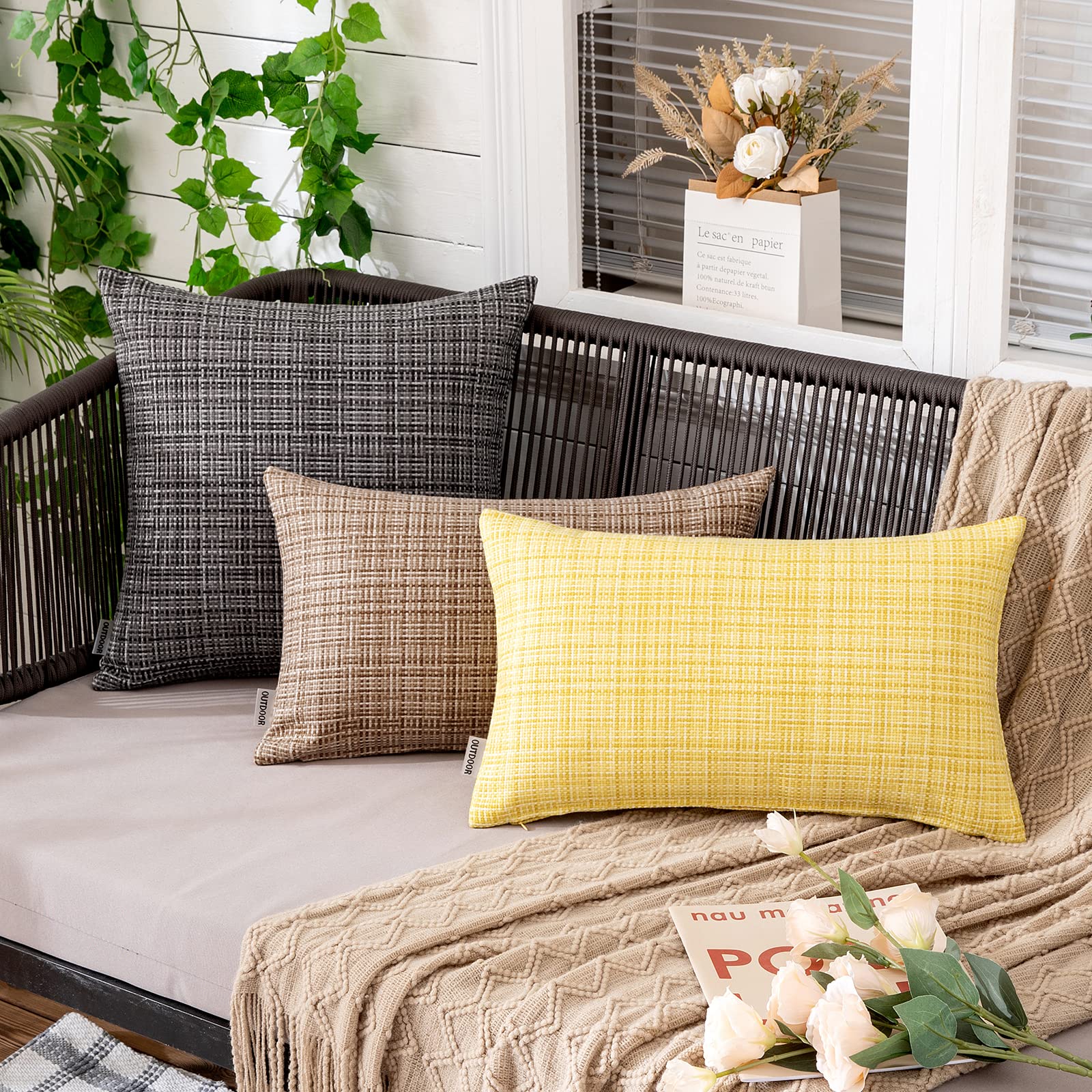 MIULEE Waterproof Outdoor Throw Pillow Covers 16x16 Inch - Farmhouse Decorative Cushion Covers for Patio, Garden, Tent, Sofa & Couch (Set of 2, Gray) - Perfect for Outdoor Furniture, Camping & Home Decor