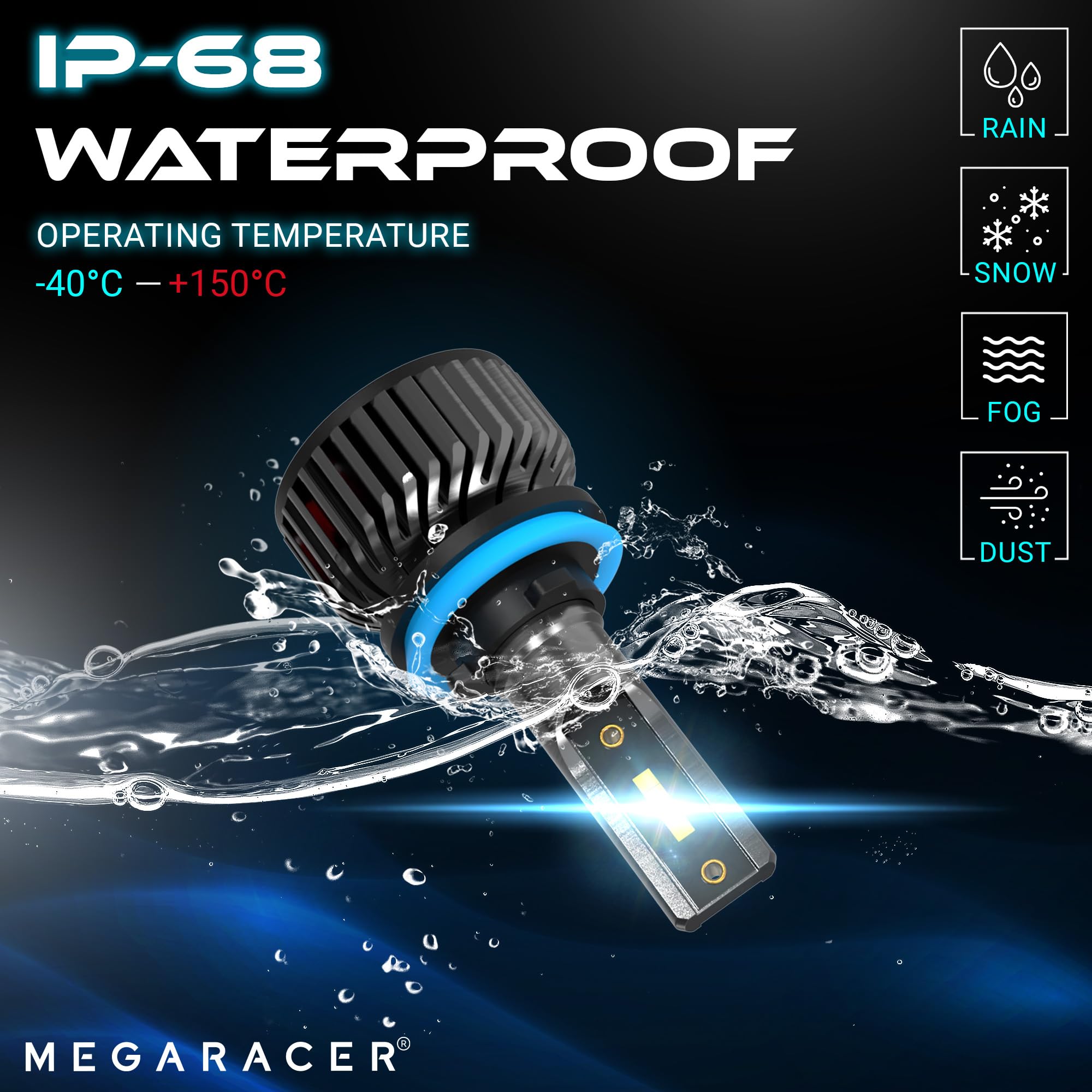 Mega Racer H11 H8 H9 LED Bulbs - 800% Brighter 6500K Cool White Fog Lights for Cars - Plug and Play Direct Replacement - Pack of 2 - Perfect for Night Driving and Bad Weather Conditions