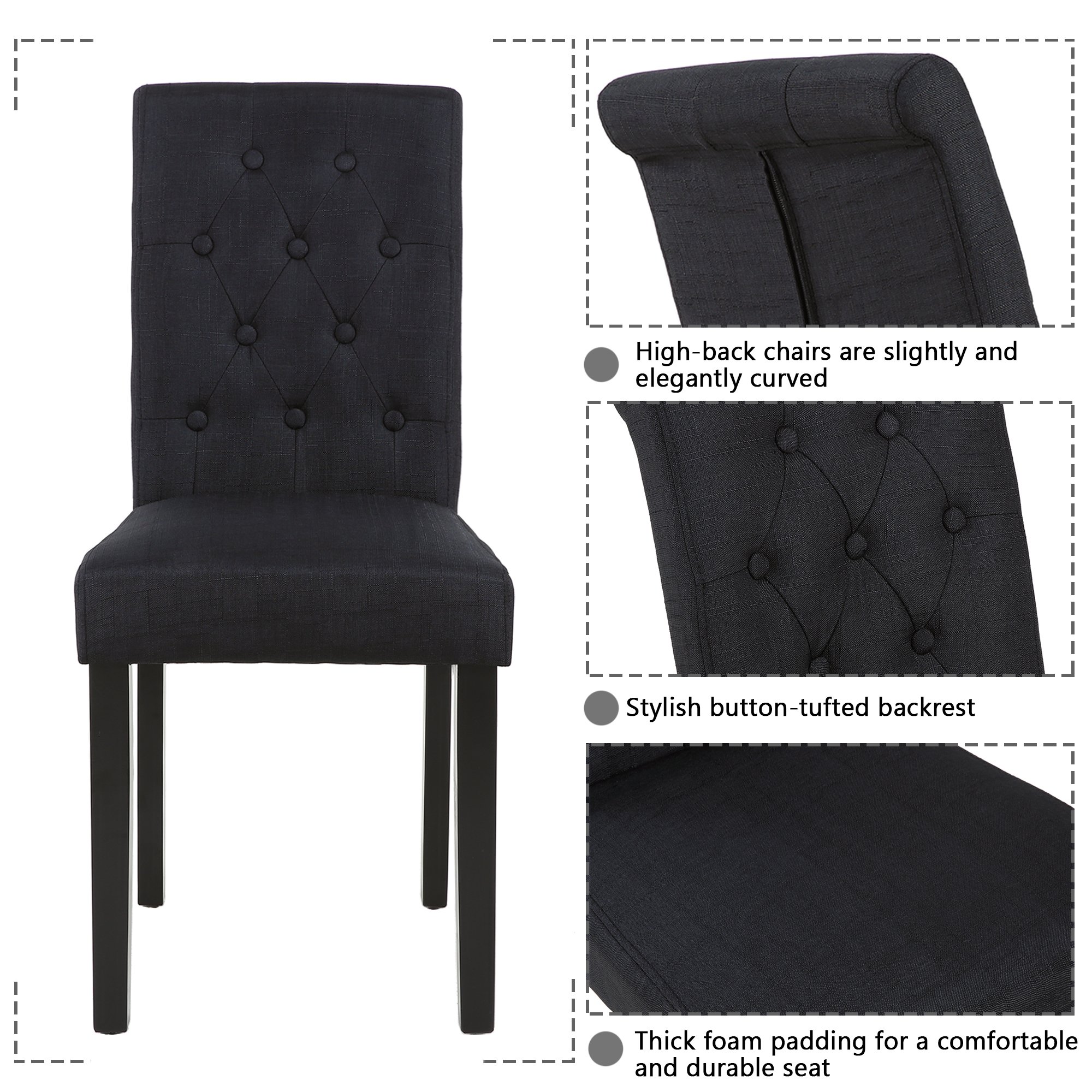 Set of 6 Upholstered Fabric Dining Chairs with Button-Tufted Back - Modern Living Room & Kitchen Chairs for Home, Restaurant or Office (Black, 6-Piece Set) - Perfect for Dining Rooms, Kitchen Islands and Entertaining Guests