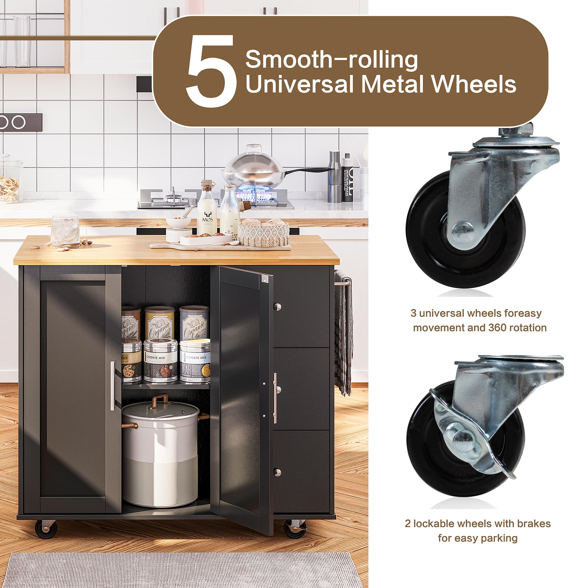 SUNLEI 39.7-Inch Rolling Kitchen Island with Storage Cabinet, Foldable Drop Leaf & Towel Rack Handle - Portable Mobile Kitchen Cart for Small Spaces, Dining Extension, Food Prep & Extra Counter Space (Classic Black)