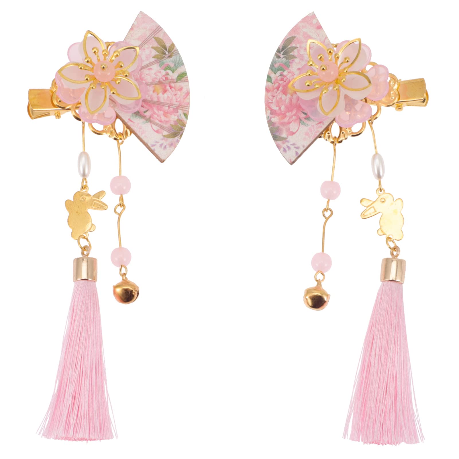 Minkissy 2 Pcs Japanese Hair Clips - Kimono Flower Hair Pins with Tassel, Kanzashi Hair Barrettes for Women & Girls - Traditional Hair Ornament for Costume, Cosplay, Tea Ceremony & Special Occasions - Pink