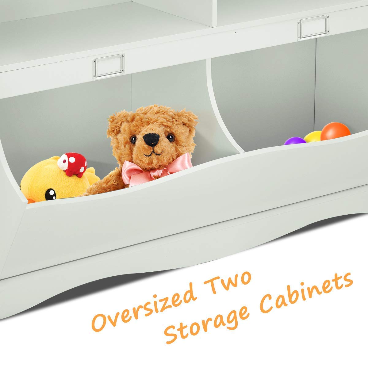 Multifunctional White Toy Storage Organizer with 2 Shelves & 4 Bins - Kids Cubby Cabinet for Nursery, Playroom, Bedroom - Perfect for Organizing Toys, Books, and Kids Supplies