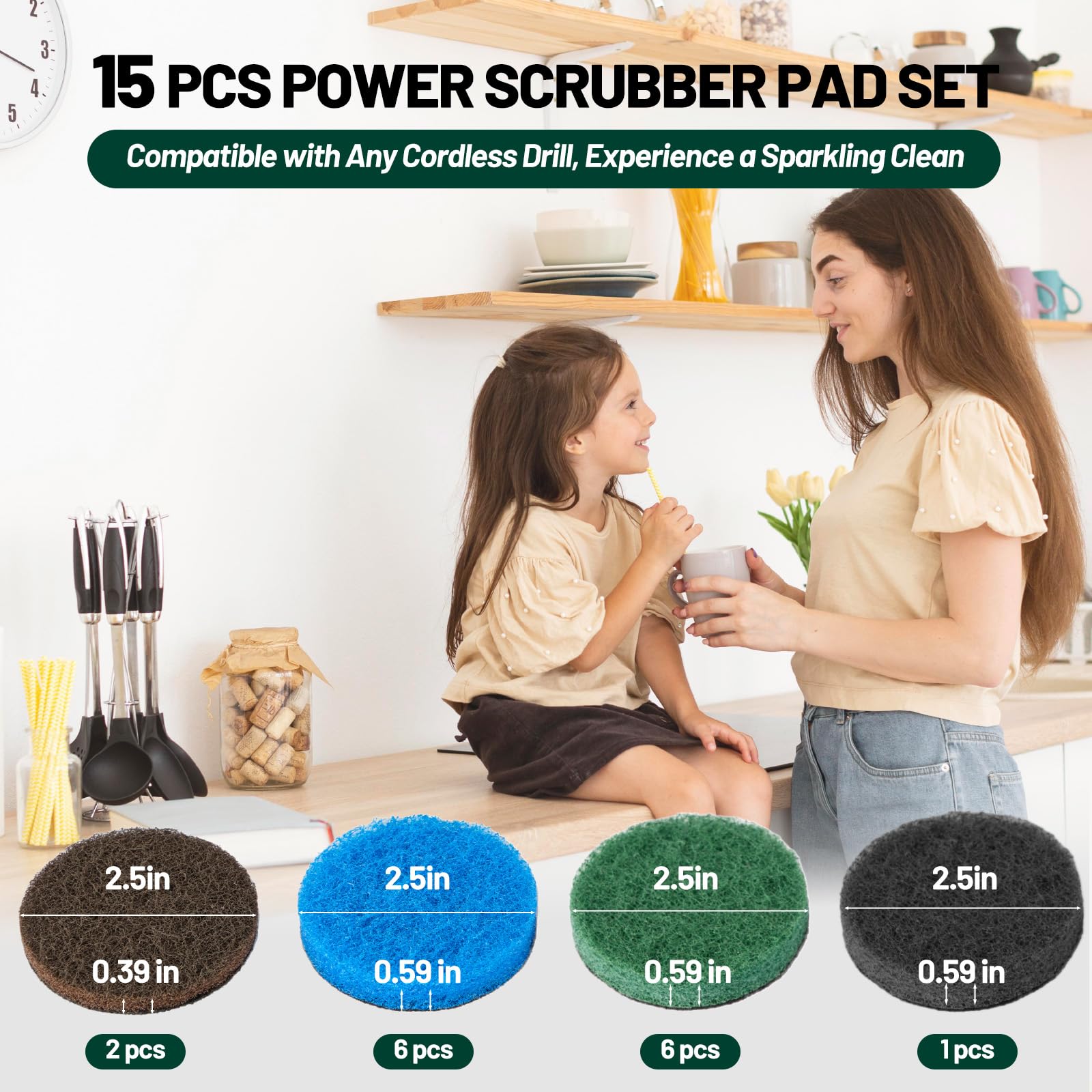 CAELUM 2.5 Inch Drill Powered Scrub Brush - Heavy Duty Tile & Grout Cleaner with 15 Pads (4 Stiffness Levels) - Perfect for Bathroom, Kitchen & Outdoor Cleaning - No Drill or Holder Included