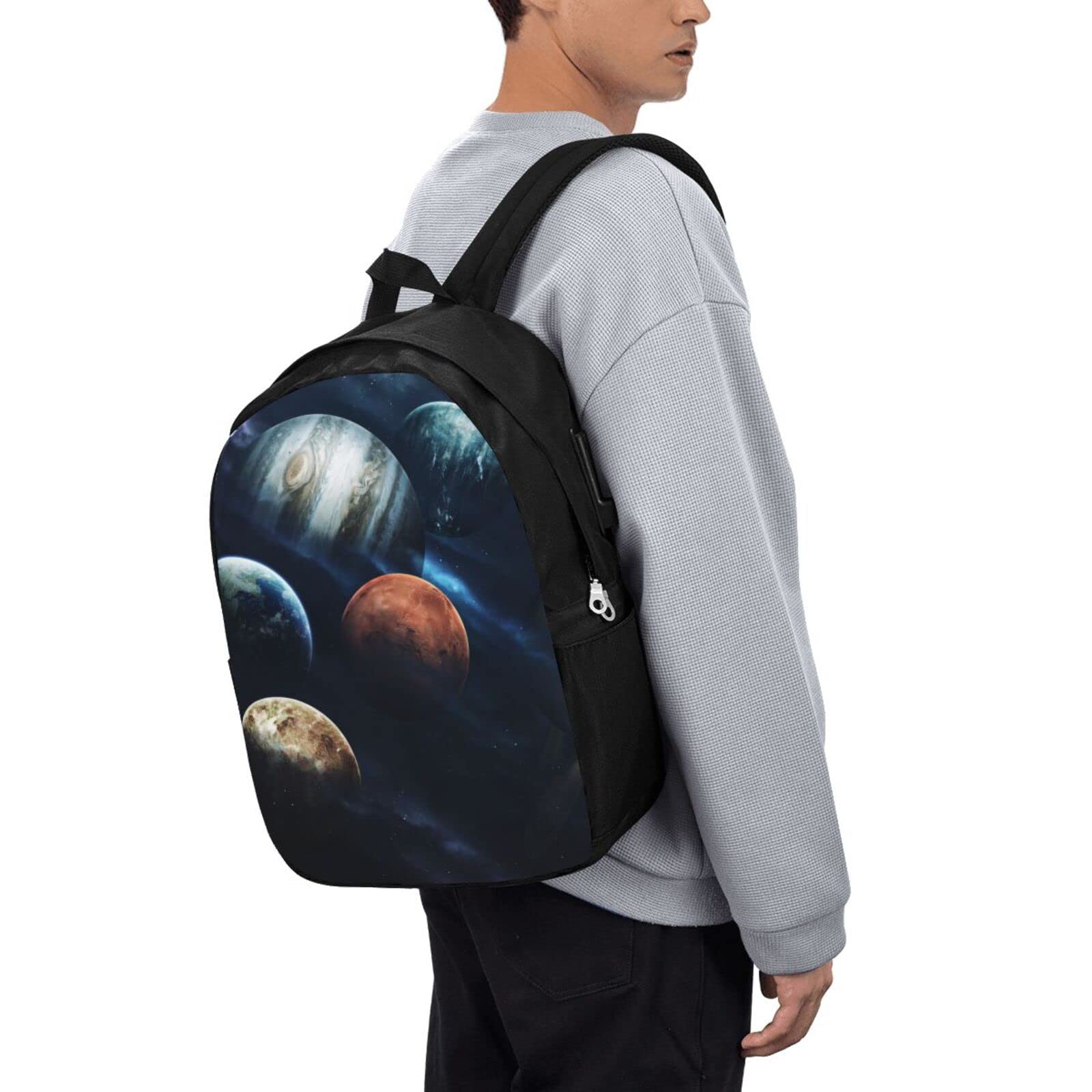 15.6 Inch Solar System Planets Laptop Backpack with USB Charging Port - Waterproof Travel Computer Bag for Work, College & School - Perfect Gift for Men & Women (Black) - Ideal for Commuting, Business Trips & Campus Life