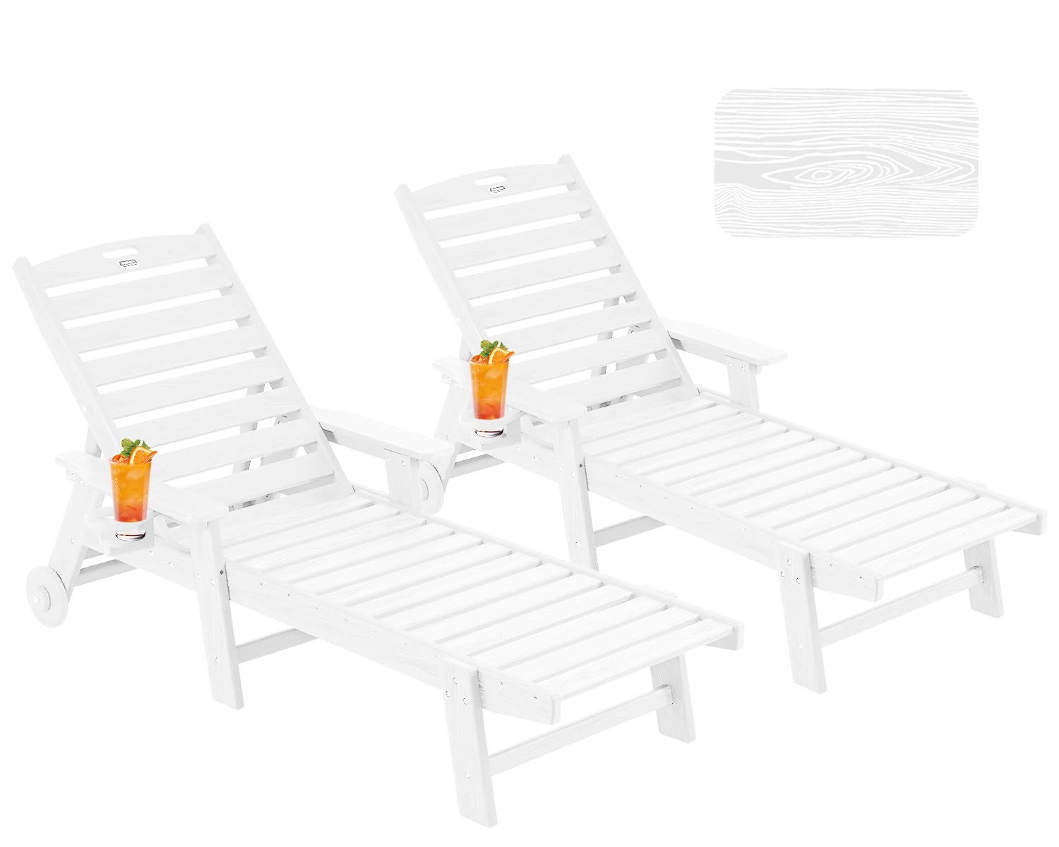 Outdoor Chaise Lounge Chair with Wheels - Oversized Patio Lounge Chairs Set of 2, Wood Texture Design, 5-Position Adjustable Plastic Sunbathing Chairs (White) - Perfect for Poolside, Backyard, and Beach Relaxation
