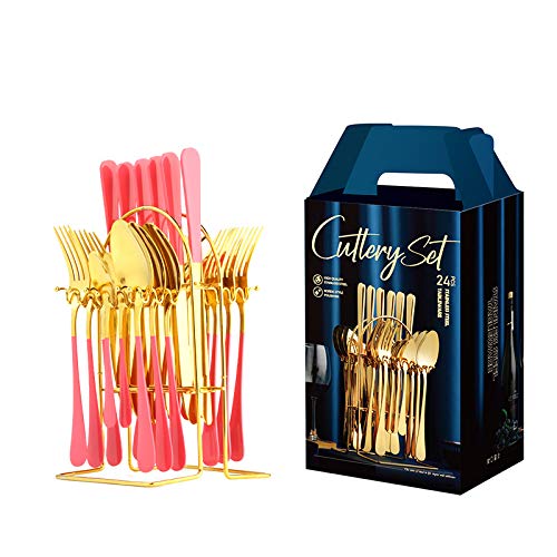 24-Piece Stainless Steel Nordic Style Silverware Flatware Set - Dinner Knife, Fork & Spoon Cutlery Set with Storage Rack (Pink) - Perfect for Home Dining, Restaurants & Wedding Table Settings