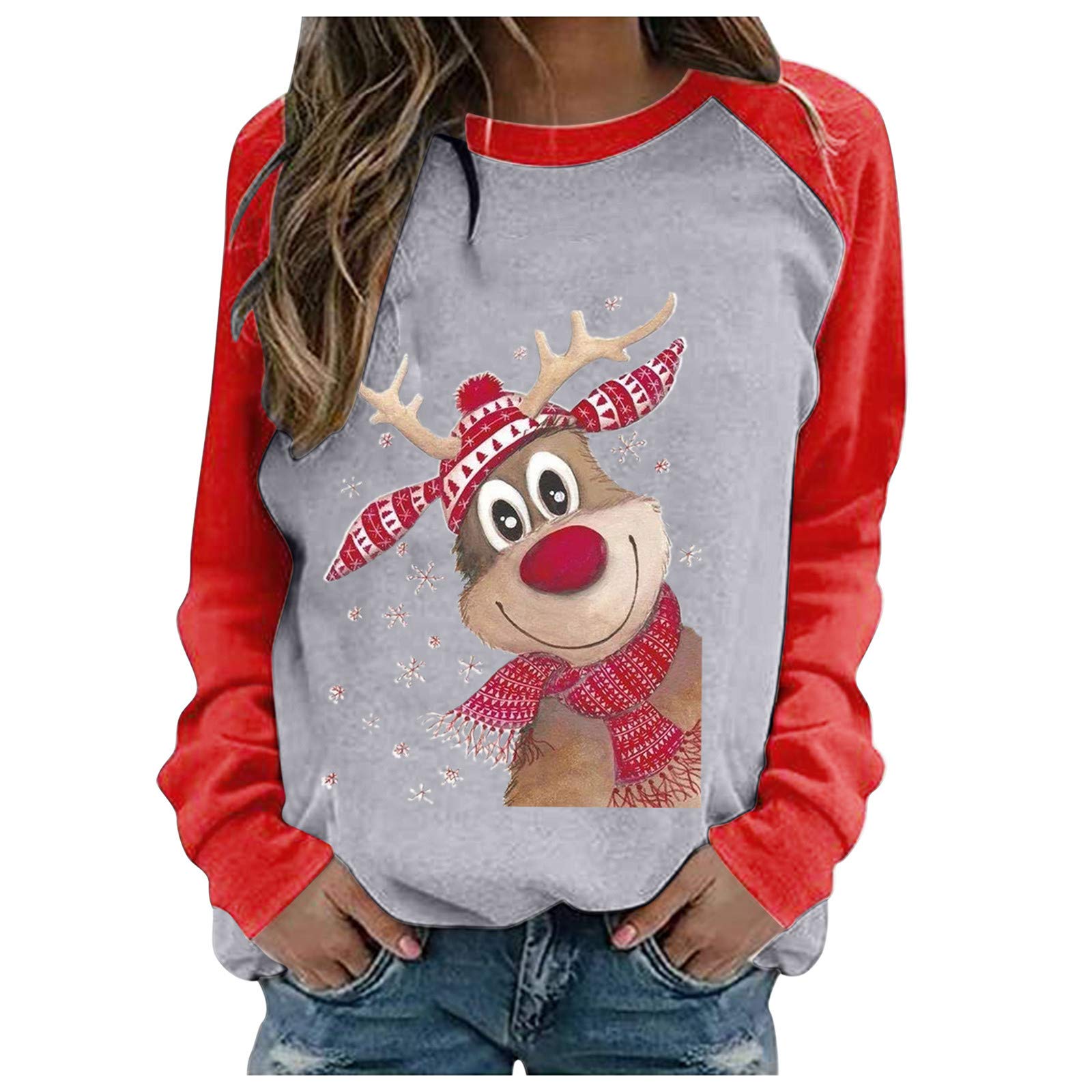 Women's Casual Christmas Print Raglan Long Sleeve Blouse - Loose Fit Tunic Top for Holiday Parties, Office Wear & Everyday Comfort