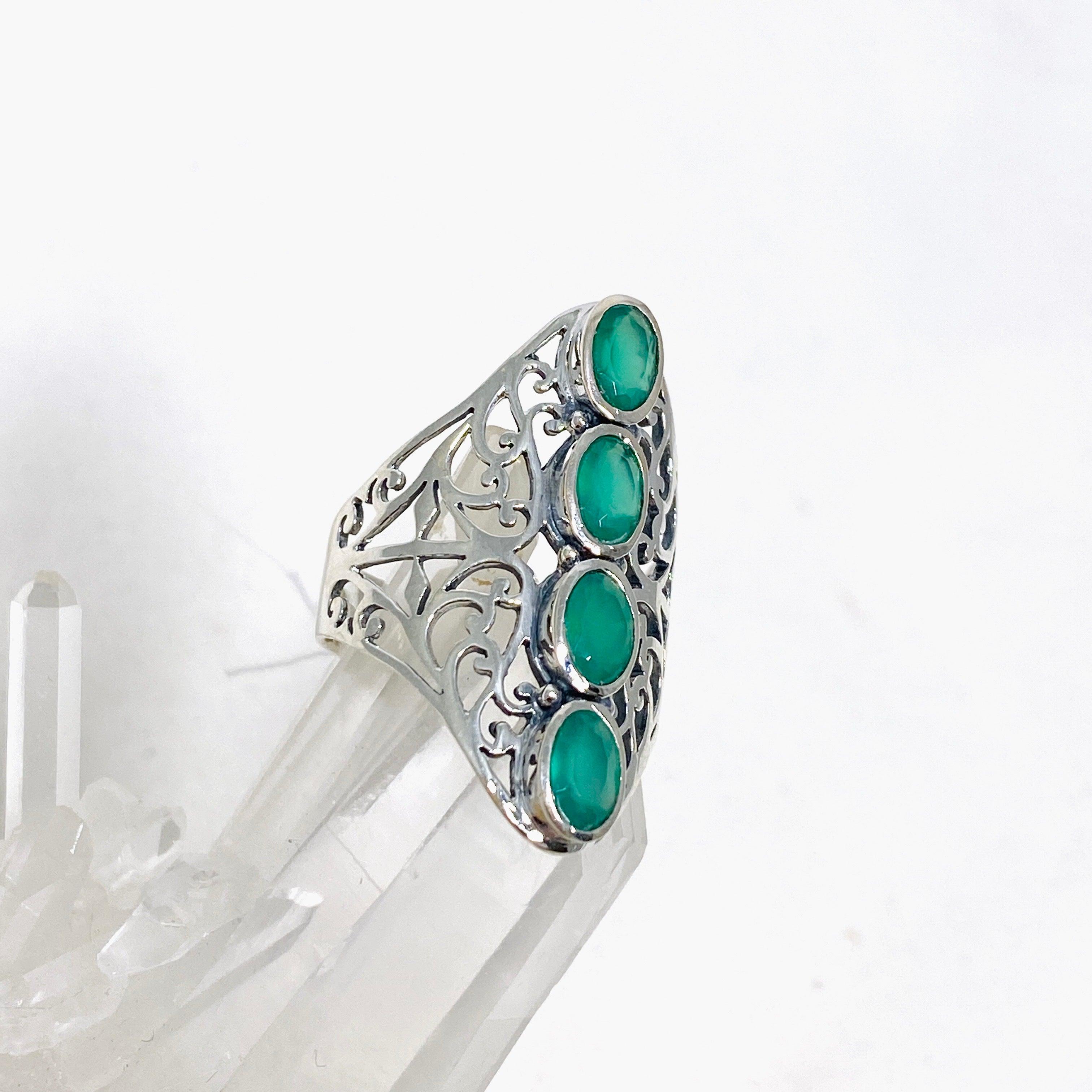Green Chalcedony Faceted Multi-Stone Filigree Ring R3608 – Elegant Jewelry for Women, Perfect for Weddings, Parties & Special Occasions