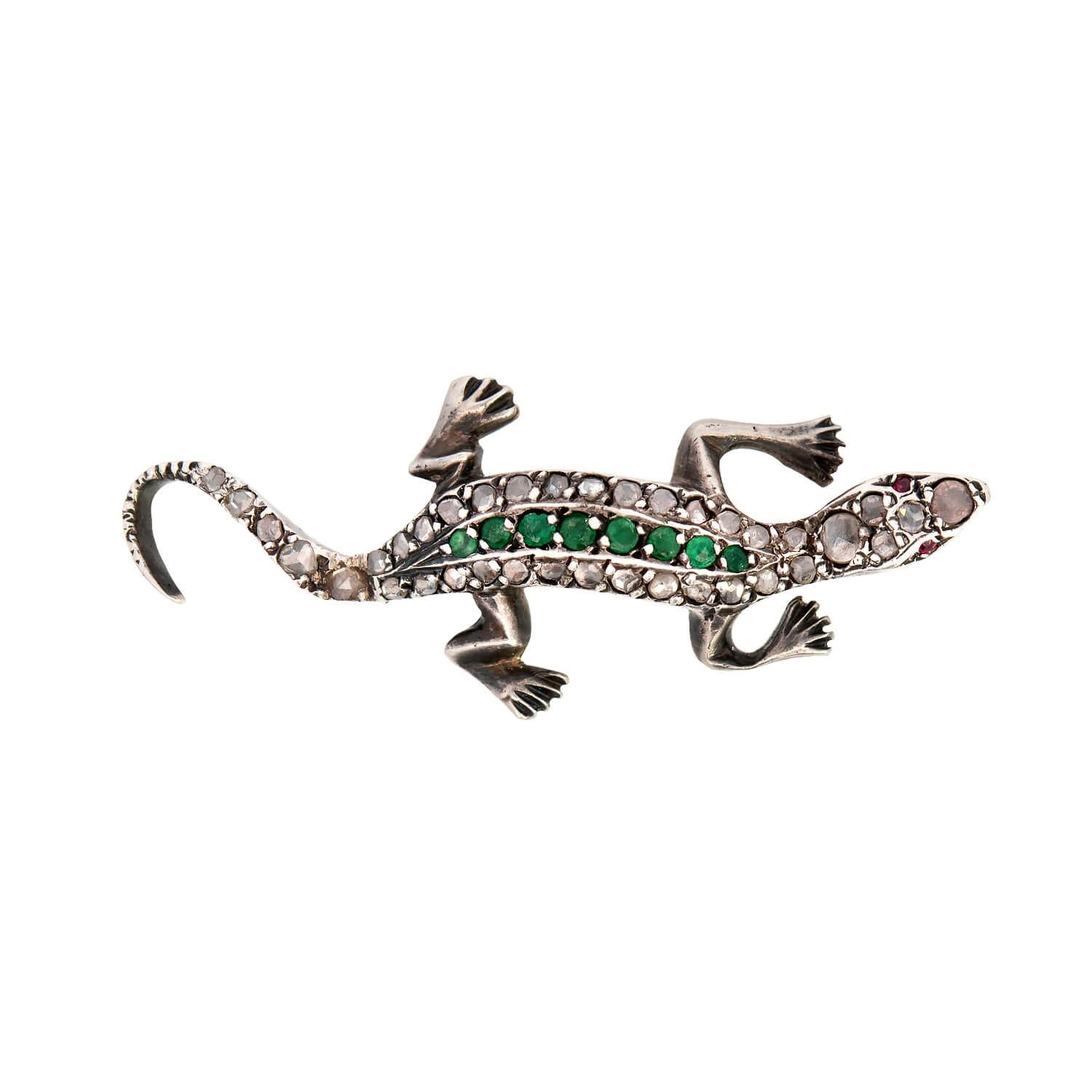 Victorian Sterling Silver Diamond & Emerald Salamander Brooch Pin - Vintage Jewelry for Women, Antique Collectible Gift for Her - Perfect for Weddings, Parties & Special Occasions