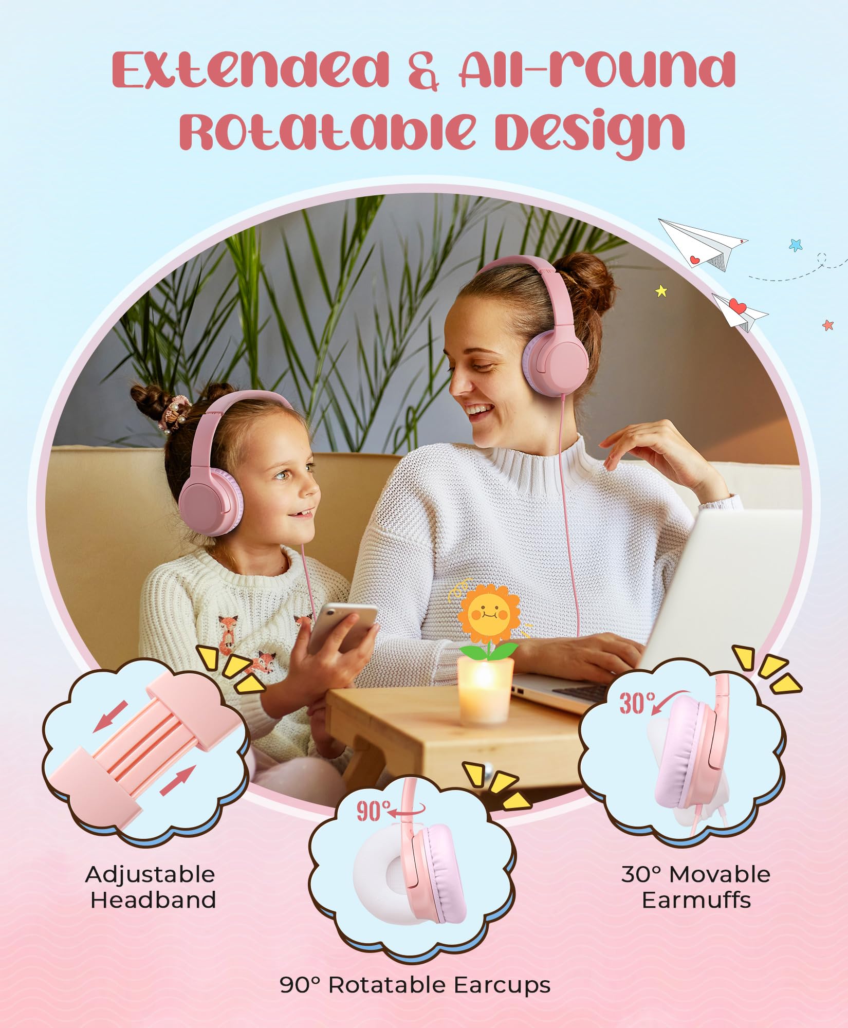 DyBaxa Kids Headphones with Volume Limiter (94dB) - Foldable Lightweight Over-Ear Wired Headset for School, Online Learning & Travel - Safe Hearing Protection for Children - 3.5mm Jack - Pink | Perfect for Classroom, Homeschooling, Airplane & Tablet Use
