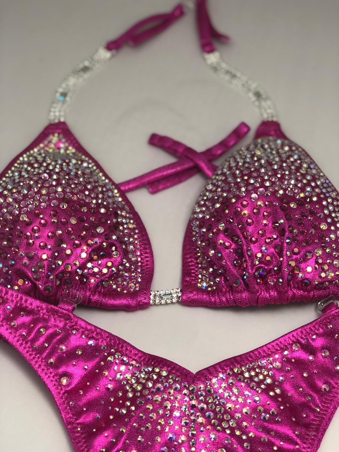 Hot Pink Rhinestone Figure Bikini - Competition Posing Suit for Physique & Fitness Shows | Perfect for Bodybuilding, Bikini Contests & Beachwear