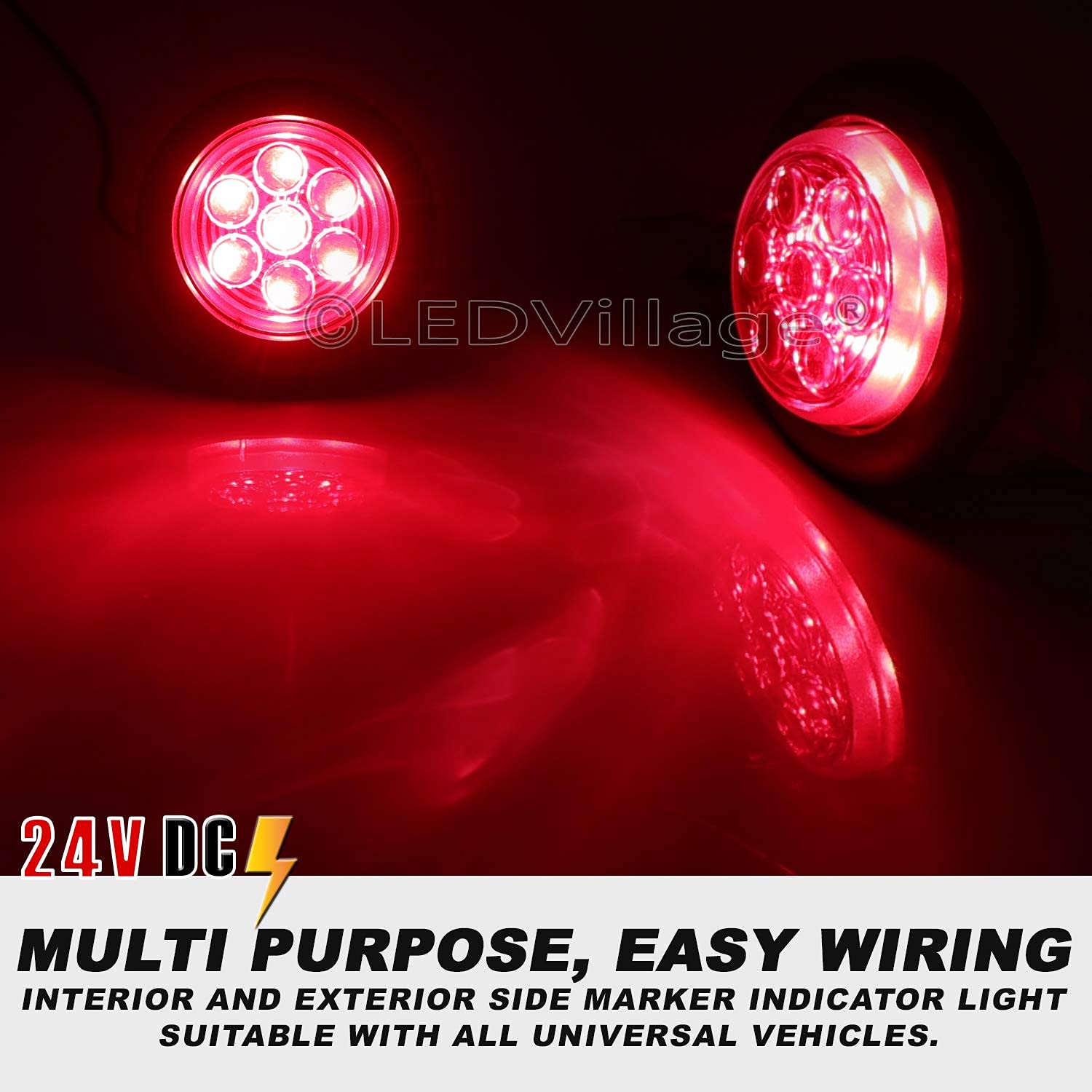 4 Pack 2 Inch Red Round LED Clearance Marker Lights - 24V DC Flush Mount with Black Grommets for Pickup Trucks & Trailers - Perfect for Side Marker, Safety Lighting, and Vehicle Visibility Enhancement