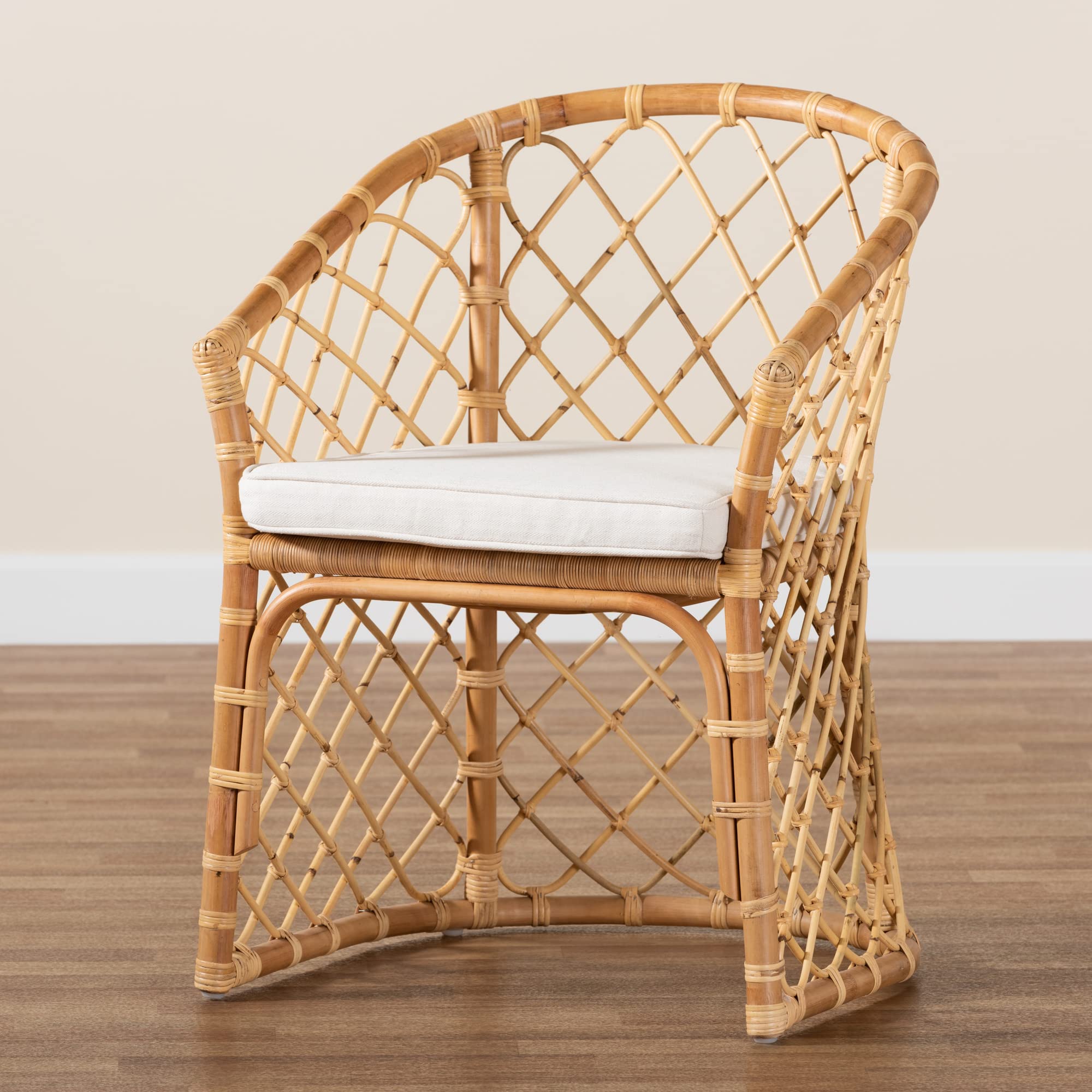 Baxton Studio Orchard Dining Chair - White Fabric Upholstered with Natural Brown Rattan - Modern Kitchen & Dining Room Furniture for Home Decor