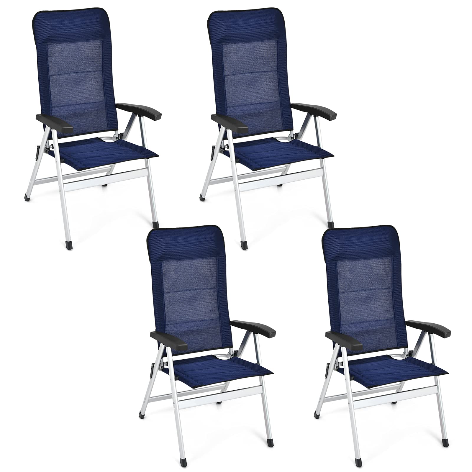 Giantex Set of 4 Folding Patio Chairs - Adjustable High Back Recliner with Headrest & Armrests, 7-Level Camping Chairs with Safety Lock for Outdoor, Lawn, Porch & Balcony - Perfect for Backyard BBQs, Poolside Relaxing & Garden Parties (Blue)