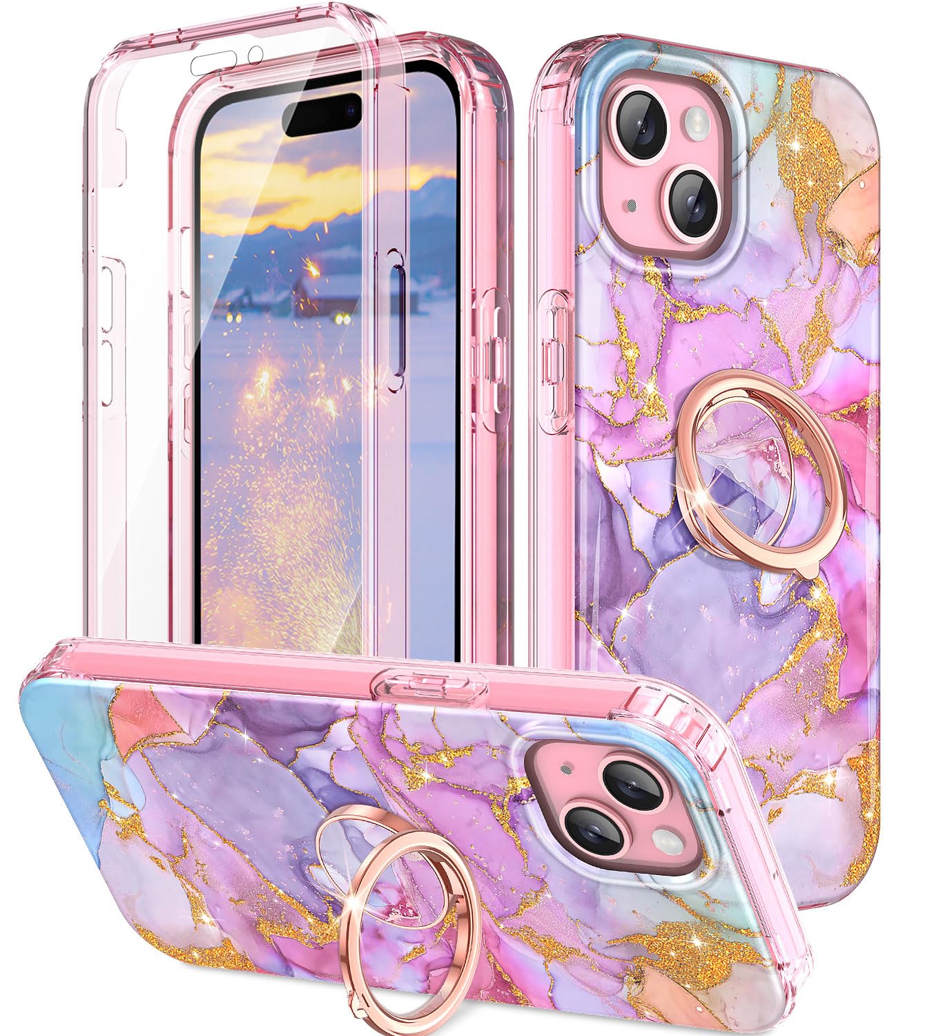 BTS Case for iPhone 15 Plus 6.7 Inch - Shockproof Rugged Protective Cover with Built-in Screen Protector & 360° Ring Holder Kickstand | Full Body Dual Layer Defense | Perfect for Outdoor Activities, Travel & Daily Use (Pink)