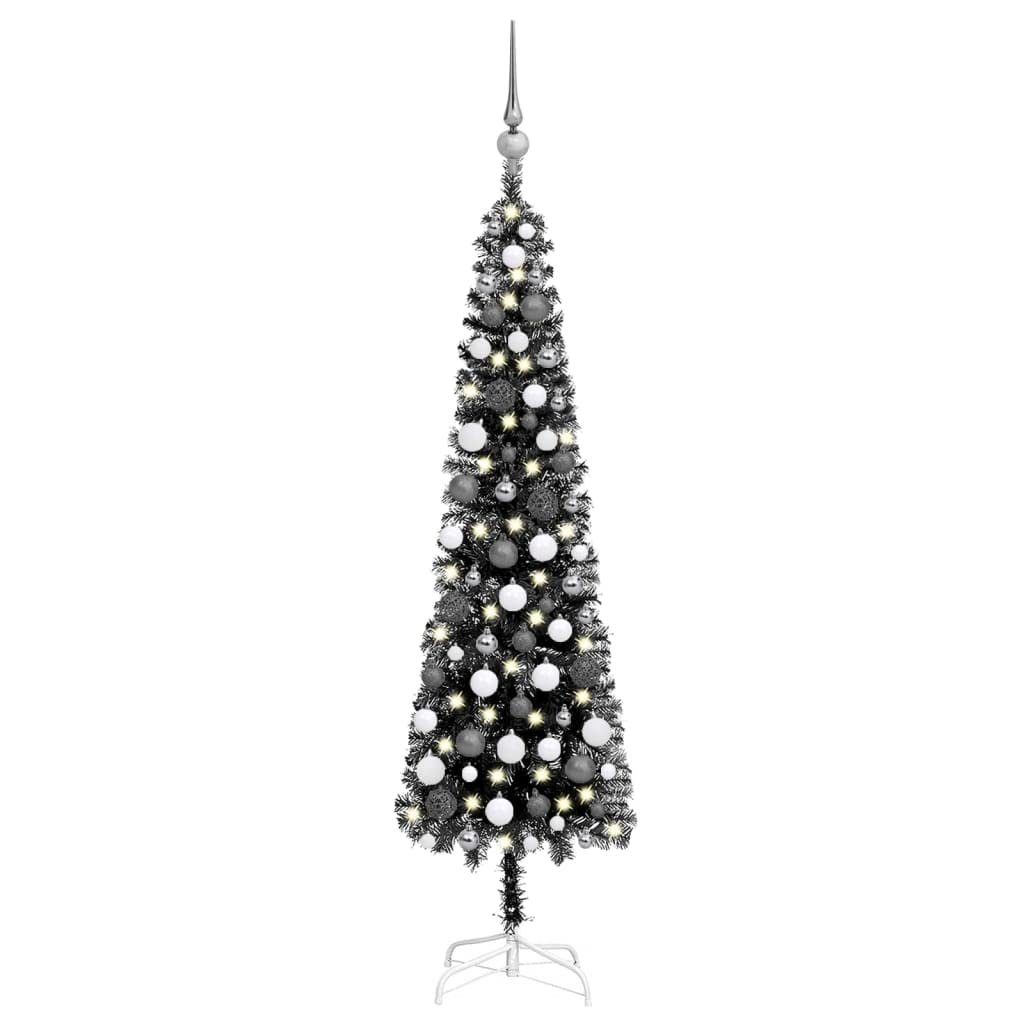 4ft Black Artificial Christmas Tree with 150 LED Lights & 120 Tips - Slim Holiday Decor with Ornaments and Metal Stand - Perfect for Christmas, New Year, Office & Home Decoration