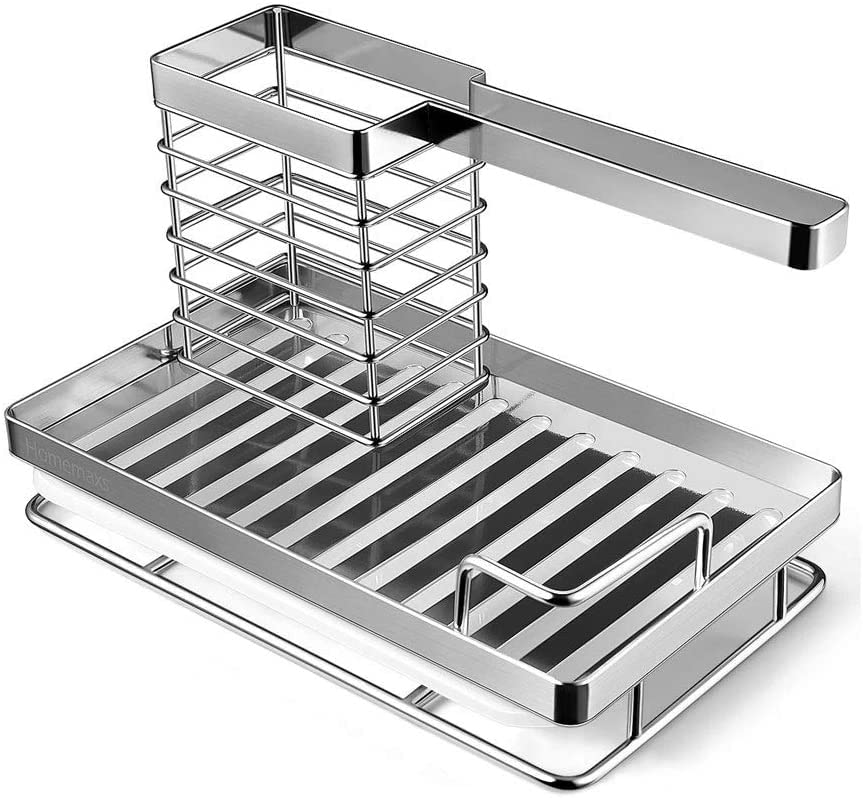 Stainless Steel Kitchen Sink Organizer - Dish Utensil Holder with Drain Pan | Sponge & Brush Storage Rack for Home, Restaurant & Commercial Kitchens | Perfect for Countertop Organization & Space Saving
