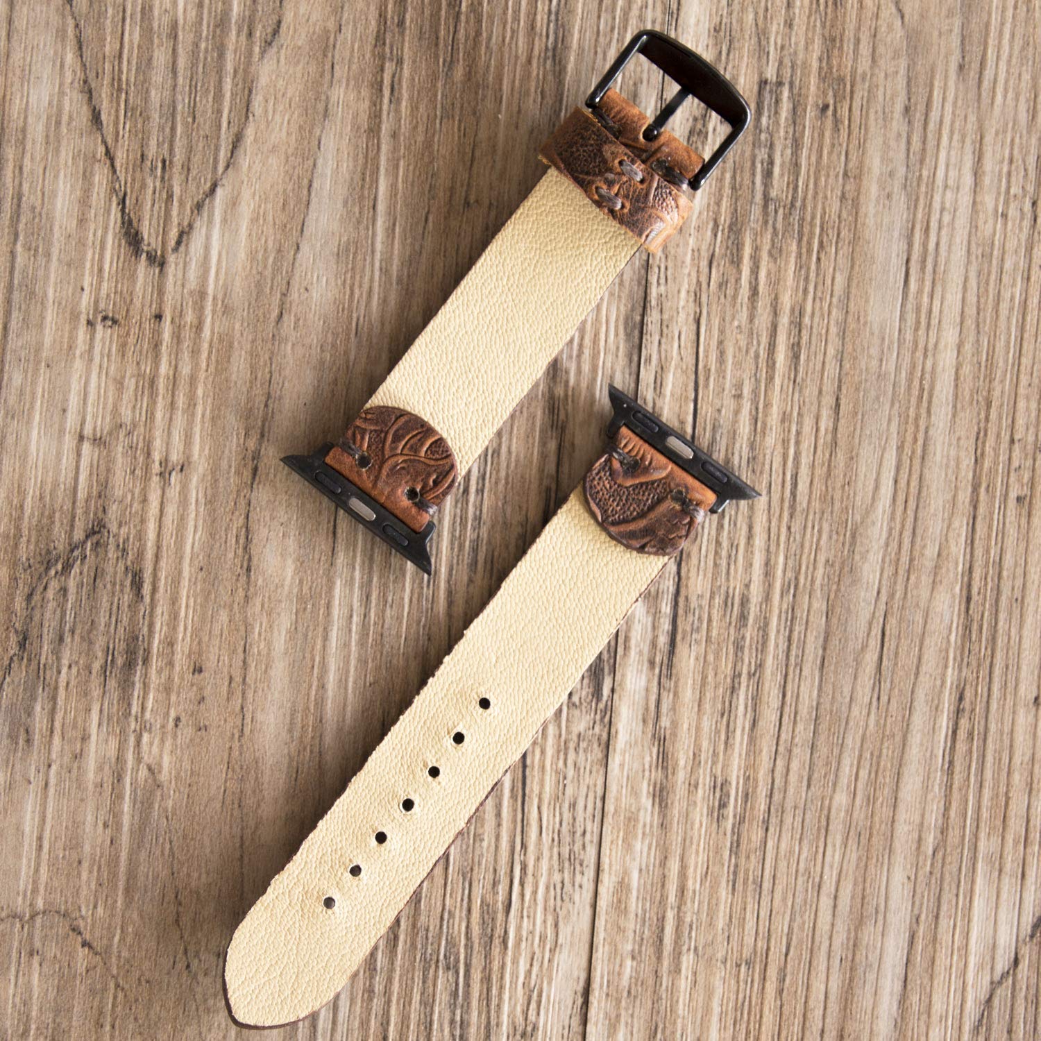 Personalized Western Floral Engraved Leather Watch Band - Compatible with Apple Watch 38mm/40mm/41mm/42mm/44mm/45mm - Custom Distressed Brown Leather Strap for iWatch Series 8/7/6/5/4/3/2/1 - Unique Women's Gift for Everyday Wear & Special Occasions
