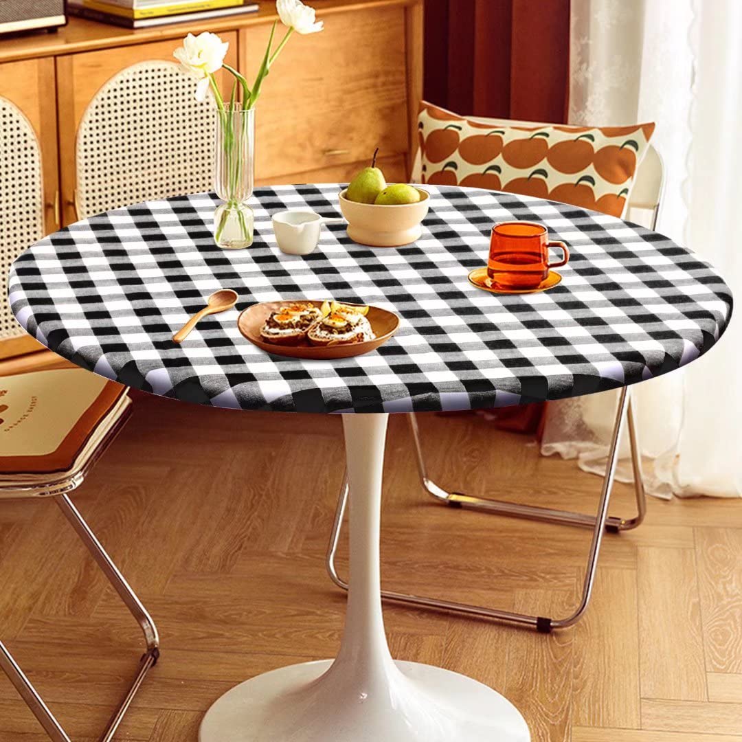Fitable Vinyl Round Elastic Tablecloth with Flannel Backing - Waterproof Plaid Picnic Table Cover for Indoor & Outdoor Use, Black & White (Fits 57